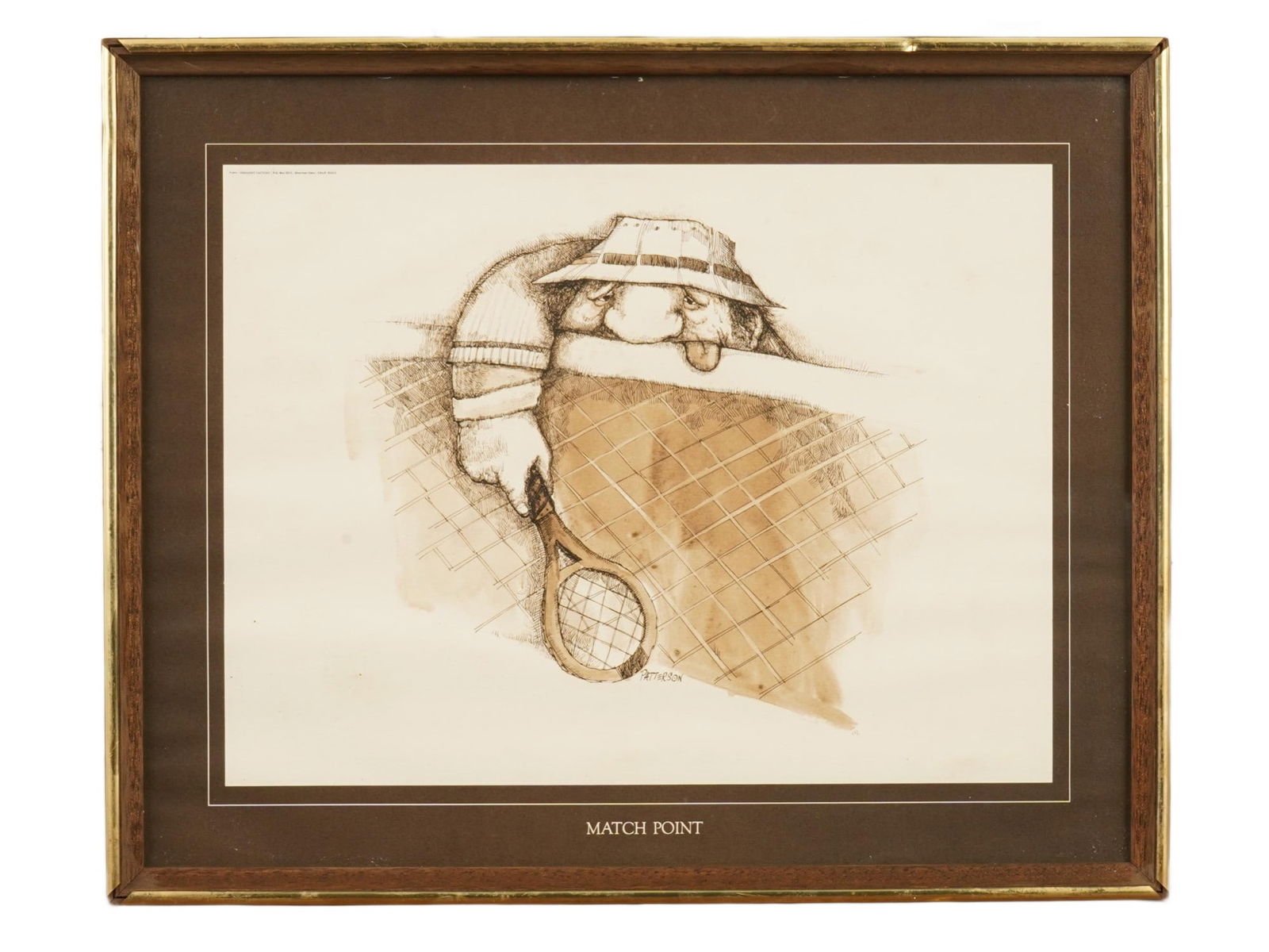 GARY PATTERSON AMERICAN CARTOON LITHOGRAPH TENNIS: Gary Patterson, American, born 1941, color lithograph on paper. Cartoon of a tired tennis player leaning on the grid. Titled Match Point. Dated 1973 in the upper left. Signed in plate in the bottom