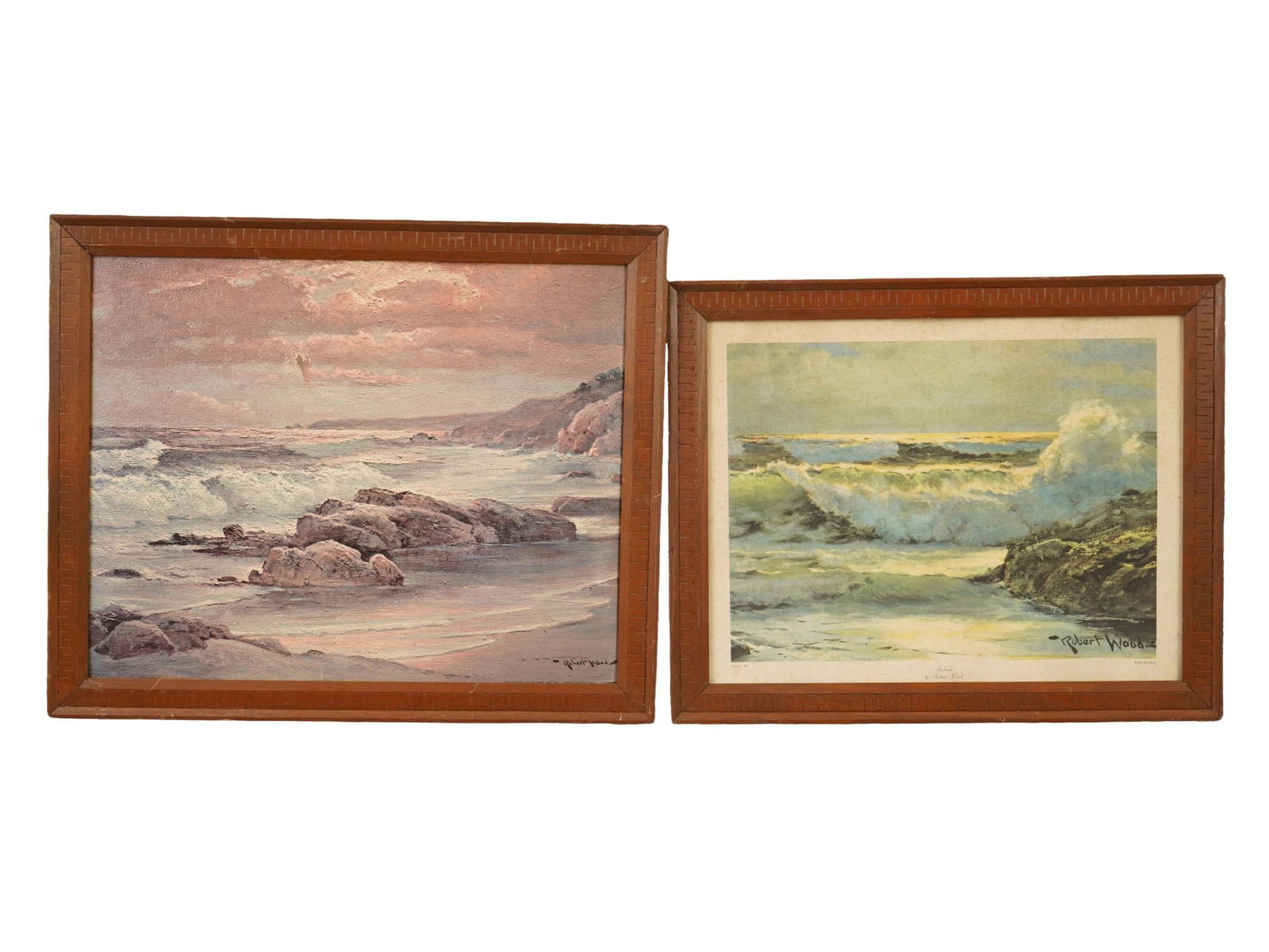 ROBERT WOOD AMERICAN SEASCAPE PRINTS ON CANVAS: Robert William Wood, American, 1889 to 1979, pair of color offset prints on canvas after original oil paintings. Titled Surfside and Sunset Shore. Signed in plate in the lower right. Framed. Robert