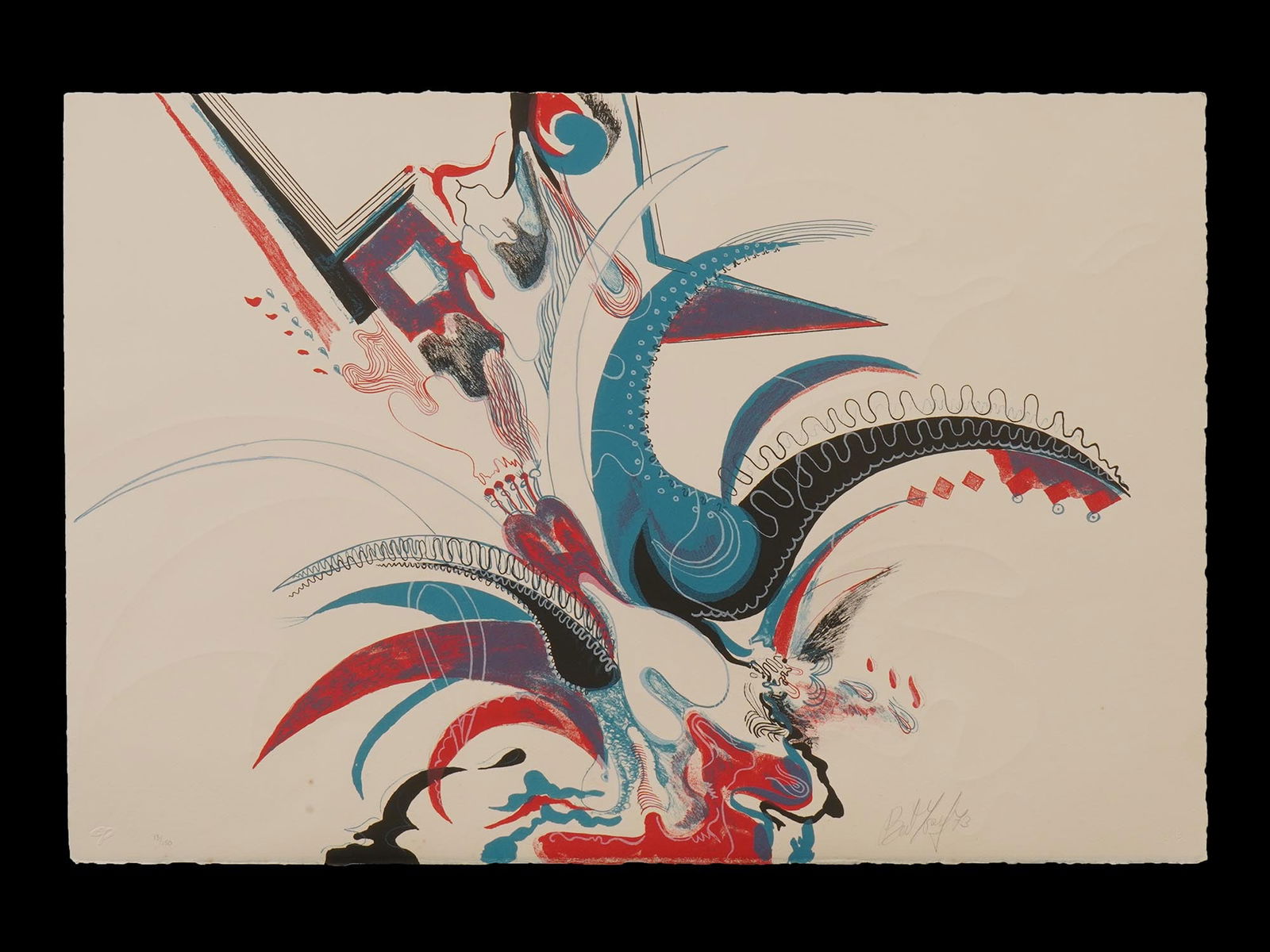 ABSTRACT COMPOSITION LITHOGRAPH BY MYRIAM BAT YOSEF: A color lithograph on paper by Myriam Bat-Yosef depicting an abstract composition with embossing. Signed lower right. Bears a blind stamp. Dated 1973. Myriam Bat-Yosef 1931 to 2023 was an