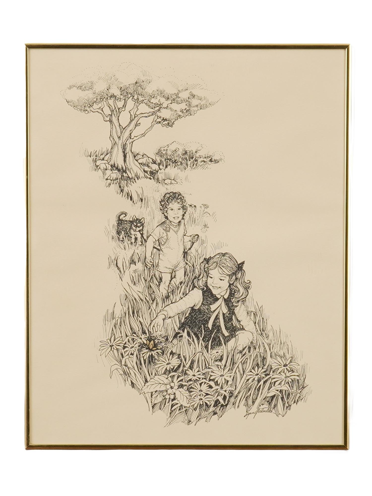 LYNN GERTENBACH AMERICAN GENRE SCENE LITHOGRAPH: Lynn Gertenbach, American, 1940 to 2023, lithograph on paper. The artwork depicts two children and a dog playing in the field. Signed in plate in the lower right. Framed. Lynn Gertenbach was a member