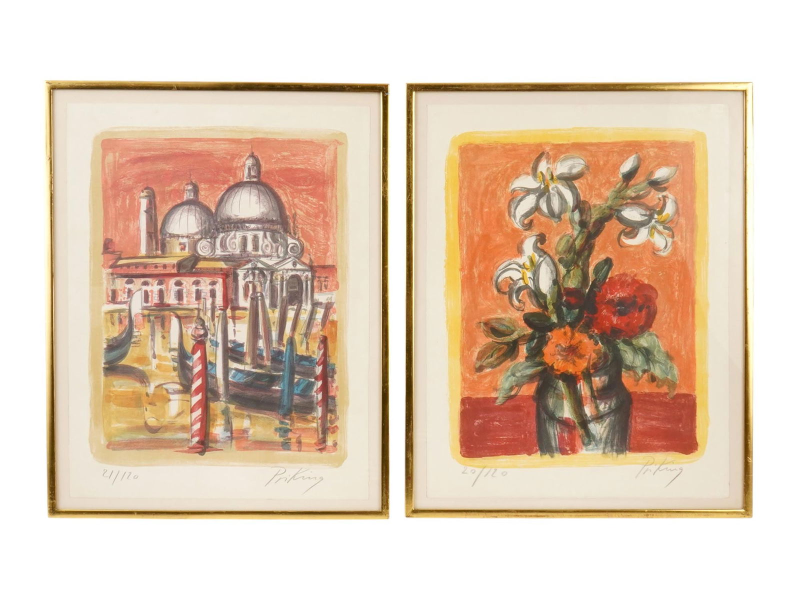 LIMITED ED COLOR LITHOGRAPHS BY FRANZ PRIKING: A pair of limited edition color lithographs on paper by the German artist Franz Priking, 1927 to 1979. The first artwork depicts a view of Venice. Signed in pencil by the artist lower right and
