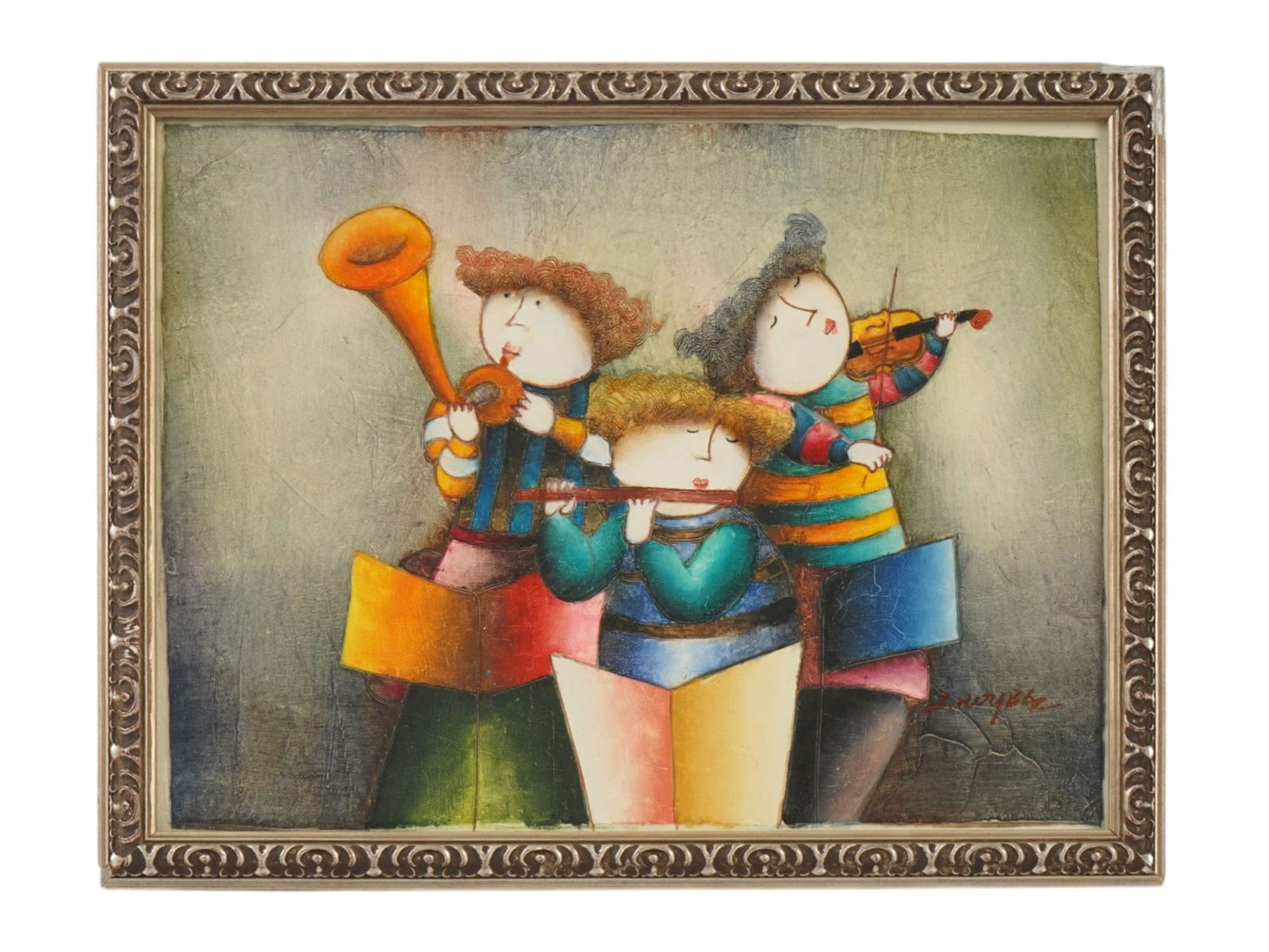 JOYCE ROYBAL PAINTING PUFFY PEOPLE MUSICAL INSTRUMENTS: Joyce Roybal, American, born 1955, an acrylic painting on canvas, signed lower right by the artist. Depicts children playing musical instruments in her signature whimsical style often referred to as P