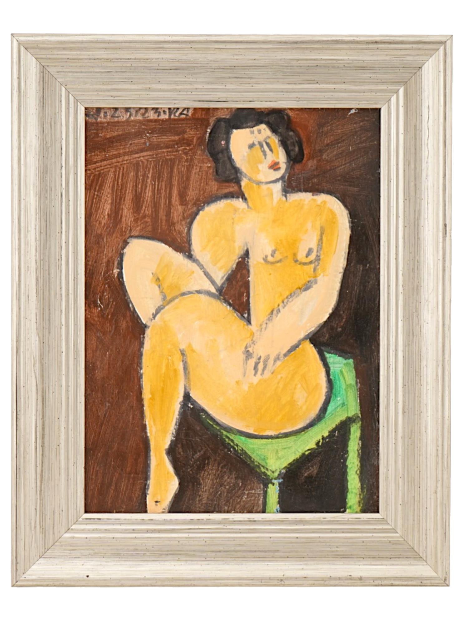 PARIS SCHOOL MANNER FEMALE PORTRAIT OIL PAINTING: A Modernist oil painting on canvas depicting a portrait of a nude woman in the manner of Paris School. Inscribed upper left. Framed. The School of Paris is shorthand for several generations of an inte
