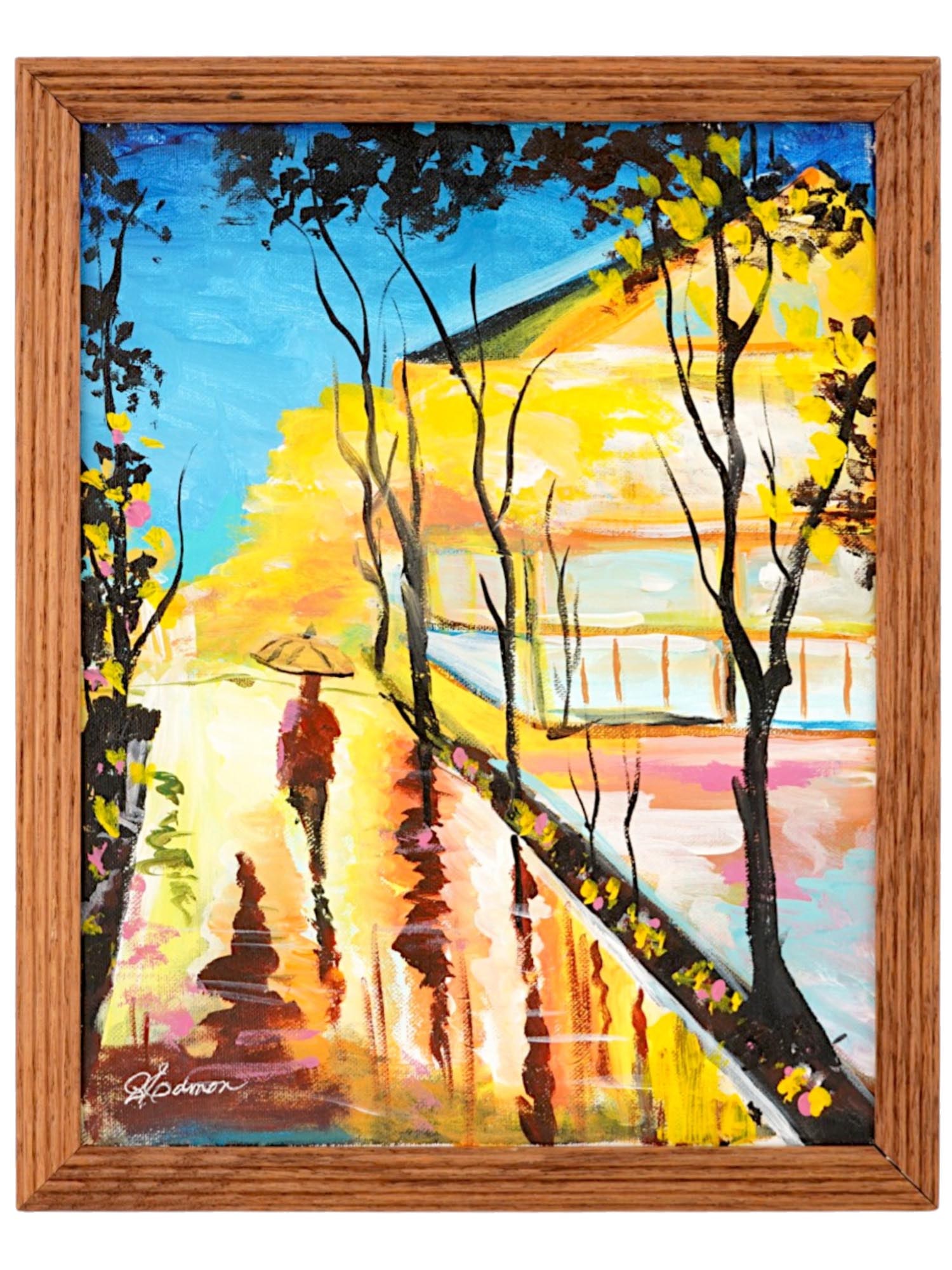 MODERNIST SCENE ACRYLIC PAINTING SIGNED BY ARTIST: A Modernist acrylic painting on canvas depicting a street scene in the Expressionist manner. Signed by the artist, probably Edmon, lower left. Framed. Modernist and Contemporary Fine Art, Street Scene