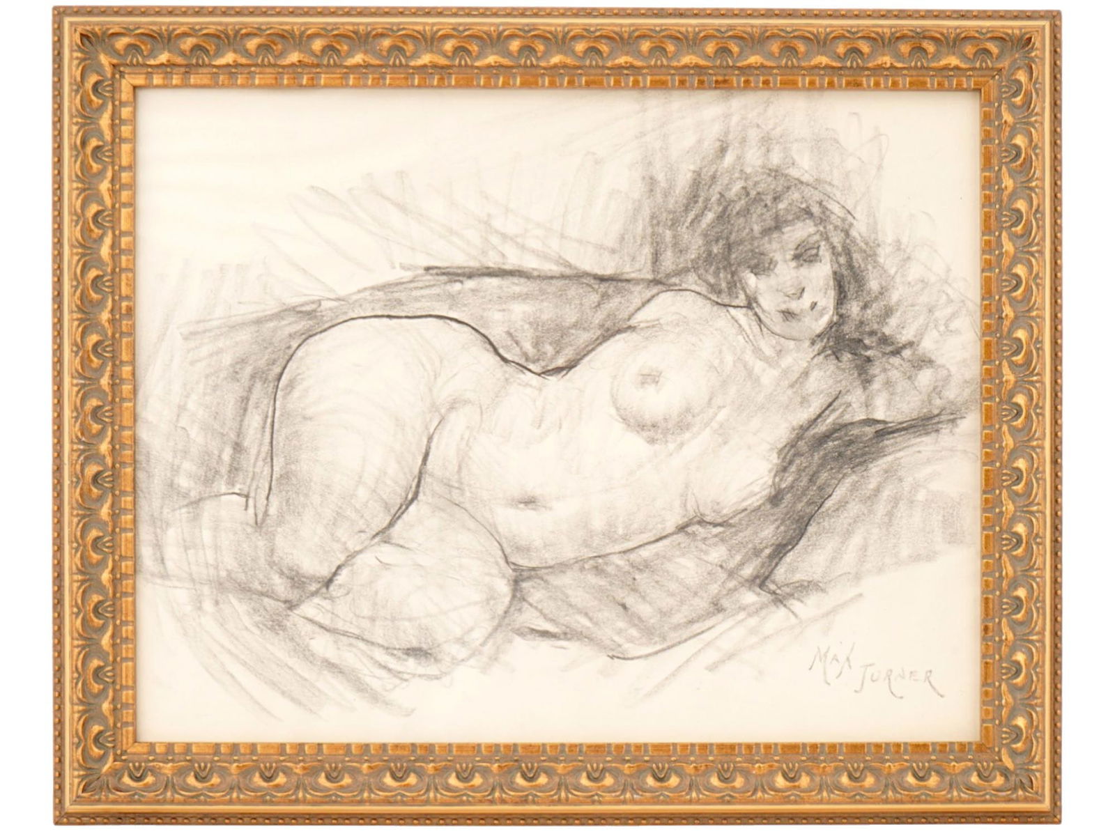 AMERICAN PORTRAIT CHARCOAL PAINTING BY MAX TURNER: Max Turner, American, 1925 to 2019, a charcoal painting on paper depicting a portrait of a reclining nude woman. Signed lower right. Framed. Max Lamar Turner was a prolific American artist, sculptor,