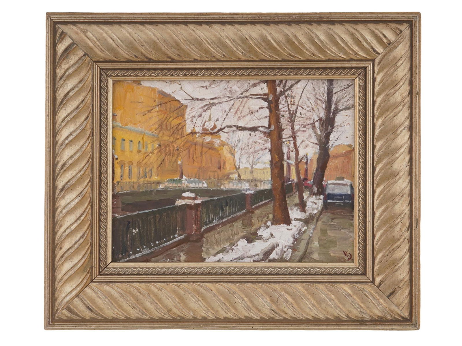 SIGNED N DRAGUNOV RUSSIAN OIL CITYSCAPE PAINTING 2004: A Russian oil on canvas cityscape painting, 2004. The painting depicts a winter cityscape of St. Petersburg with a view of the river. Signed with initials lower right. Inscribed St. Petersburg, 2004 a