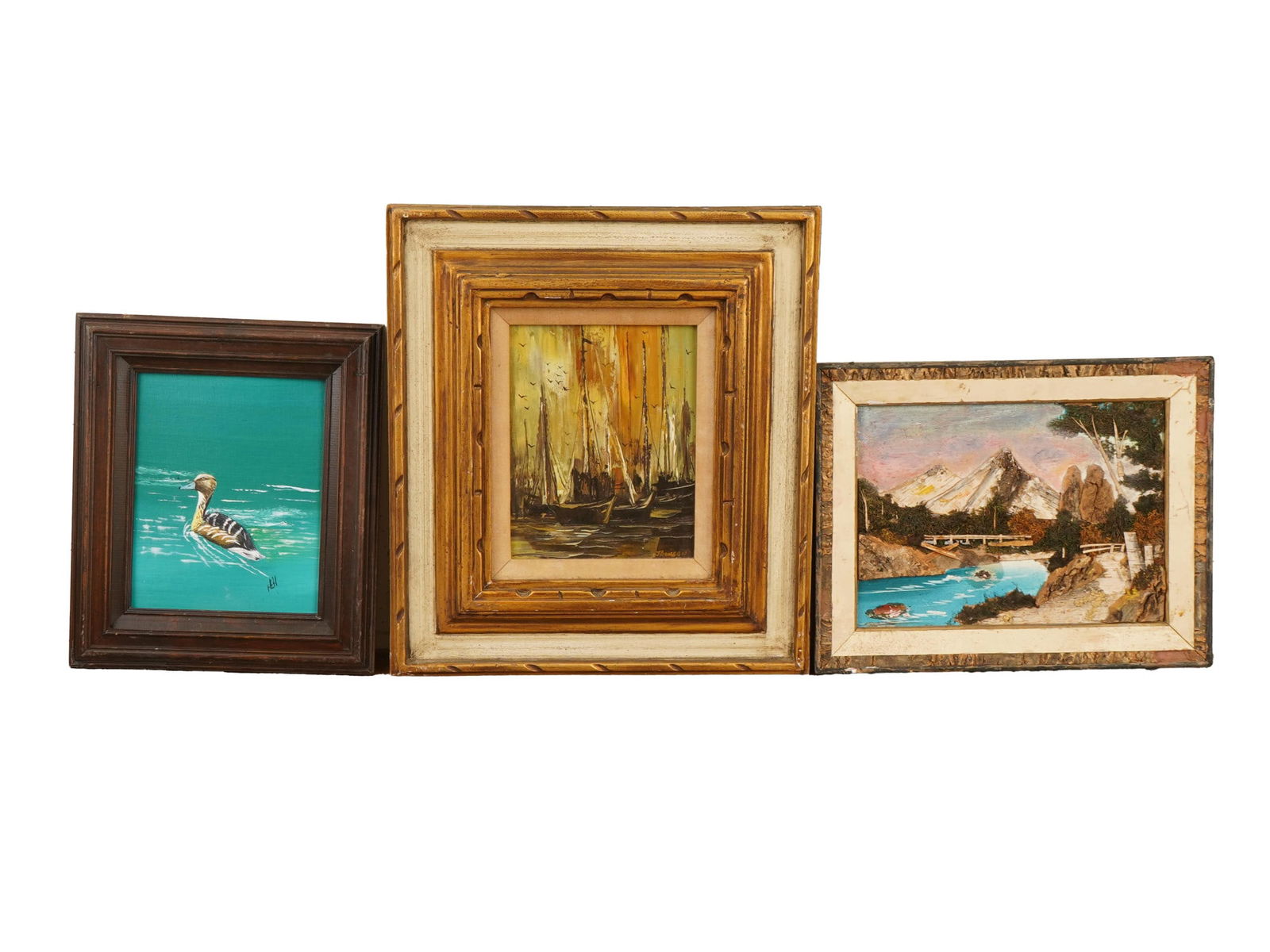 VINTAGE OIL PAINTINGS AND MIXED MEDIA COLLAGE: A lot of three vintage oil paintings and collage artwork. The lot contains two oil on canvas, including oil on canvas on board and a mixed media collage. Circa the late 20th century. The first paintin