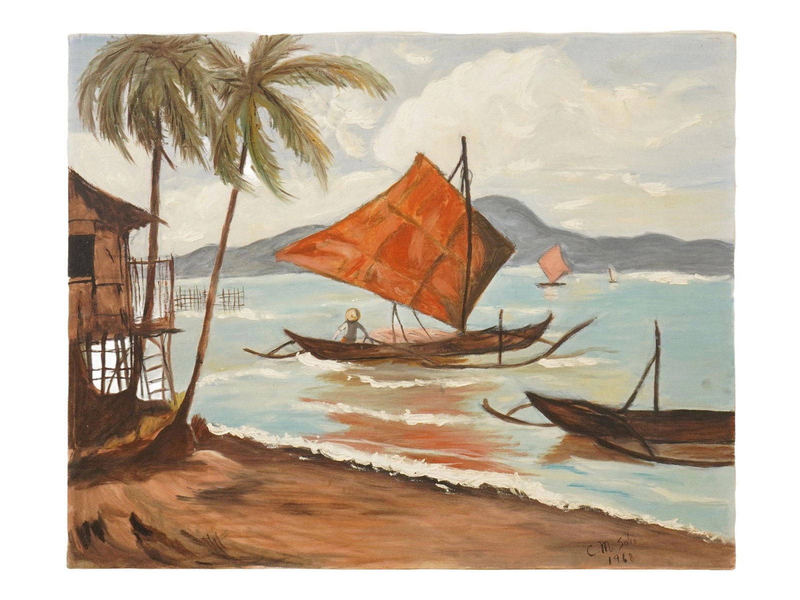 TROPICAL SEASCAPE OIL PAINTING SIGNED C M SOLIS 1968: An oil painting on canvas depicts a tropical coastal scene with boats. The boats have characteristic, large, reddish-orange crab-claw sails. Signed lower right C.M. Solis, 1968. Collectible Fine Art,