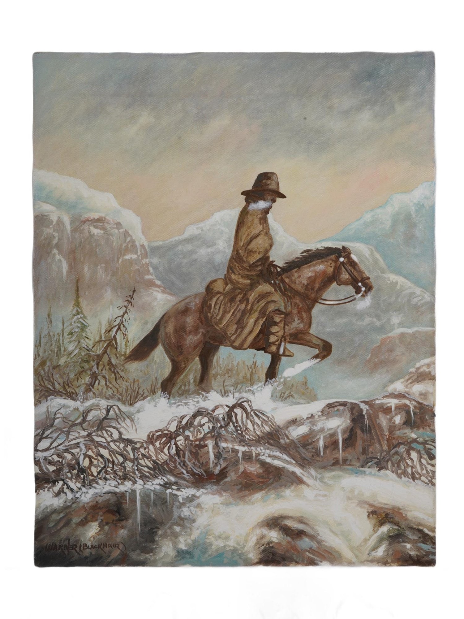 BOYD BLACKHAIR WARNER AMERICAN OIL PAINTING: Boyd Blackhair Warner, American, 1937 to 2014, oil on canvas painting depicting a man riding his horse amidst the snowy mountains. Signed lower left. Boyd Warner was an artist who worked in oil, acryl