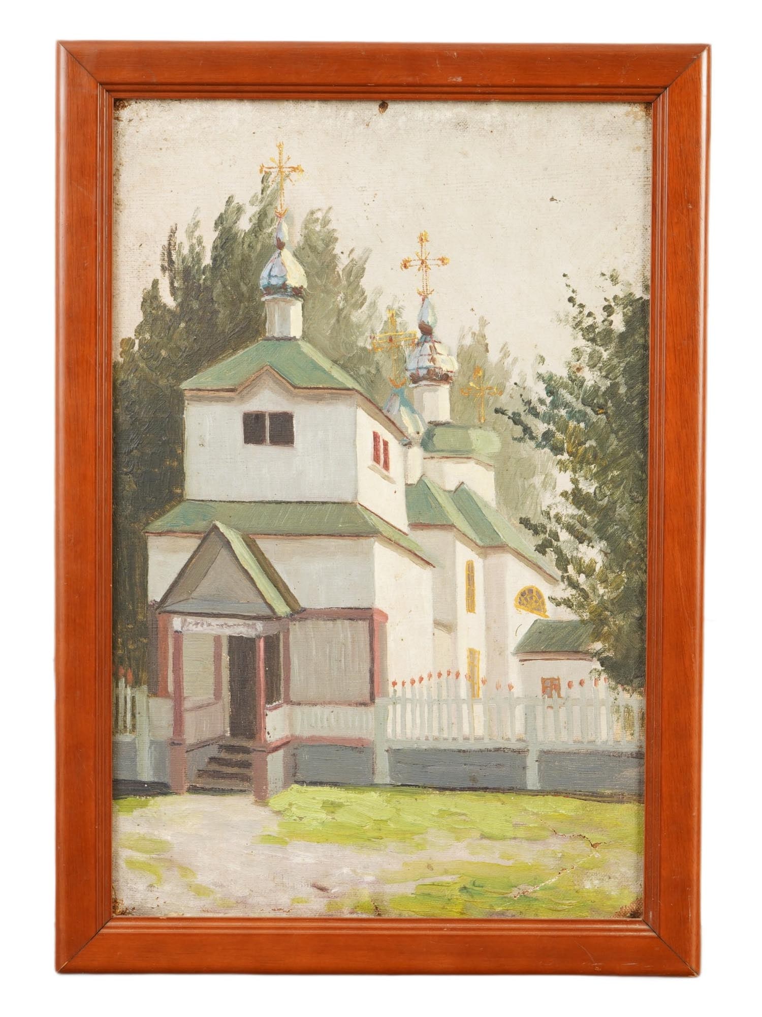 UKRAINIAN CHURCH OIL PAINTING BY YURIY PAVLOVICH: Yuriy Pavlovich, Ukrainian, 1874 to 1947, an oil painting on canvas over board depicting a church. Framed. Yuriy Pavlovich is a Ukrainian artist, renowned not only as a painter but also as an ethnogra