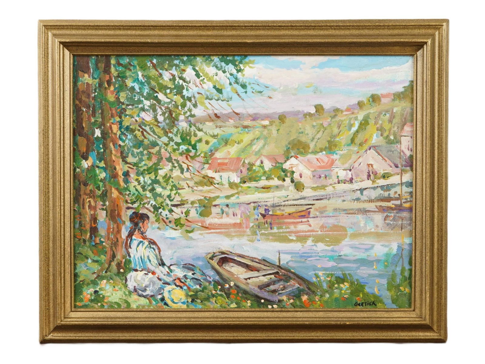 LANDSCAPE PAINTING WITH WOMAN SEATED SIGNED GARTIER: An impressionist landscape oil painting on canvas, signed lower right Gartier, depicting a tranquil waterside scene with a woman seated along a lake or river, a small boat nearby, and houses dotting a