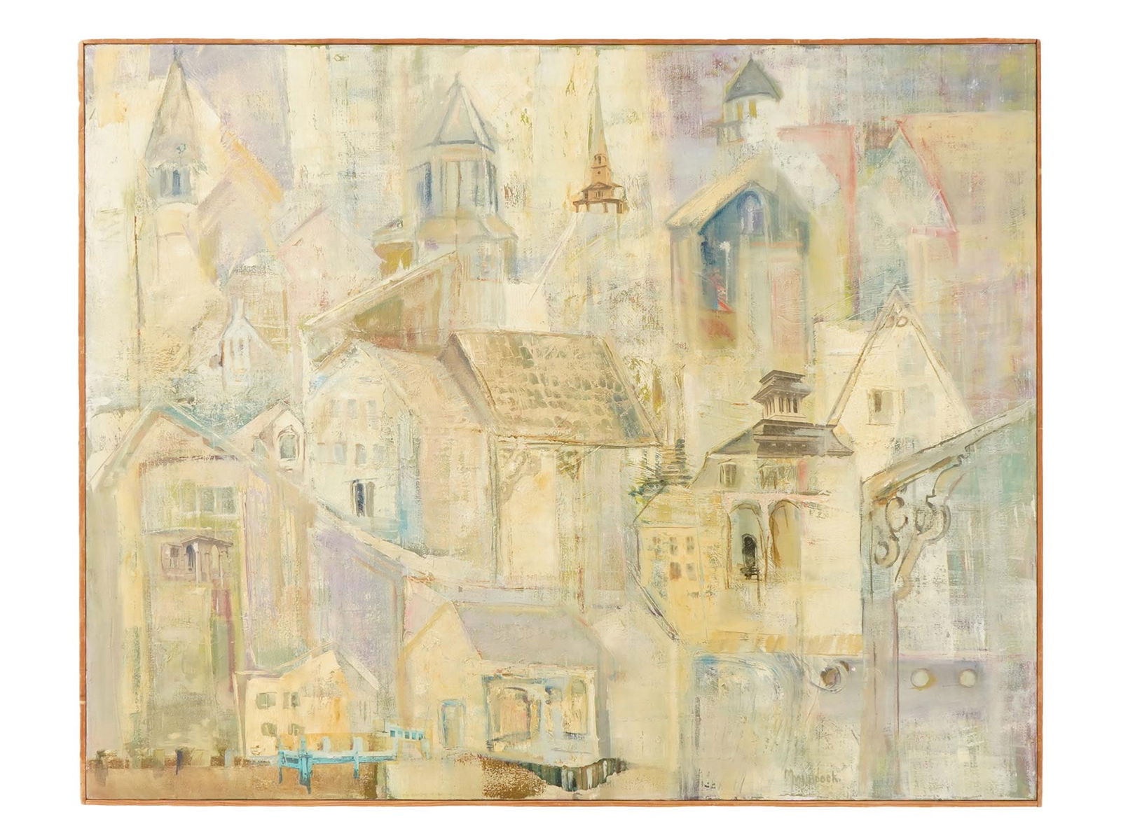 ABSTRACT PAINTING SEAPORT SIGNED MILDRED MURDOCK 1985: An abstract mixed media painting on canvas, Seaport, signed lower right Mildred Murdock, and signed again on the back and dated 1985. This expressionist composition depicts a stylized harbor town or c