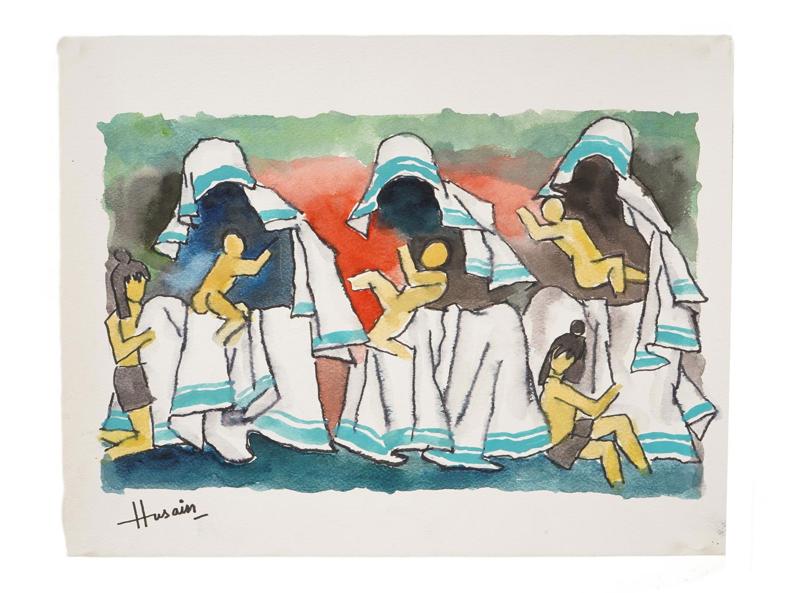 INDIAN WATERCOLOR PAINTING SIGNED MAQBOOL FIDA HUSAIN: A watercolor painting on paper signed lover left, Husain. The artwork depicts a genre scene with three Mother Teresa figures. Maqbool Fida Husain, Indian, English, 1913 to 2011, was an Indian artist k
