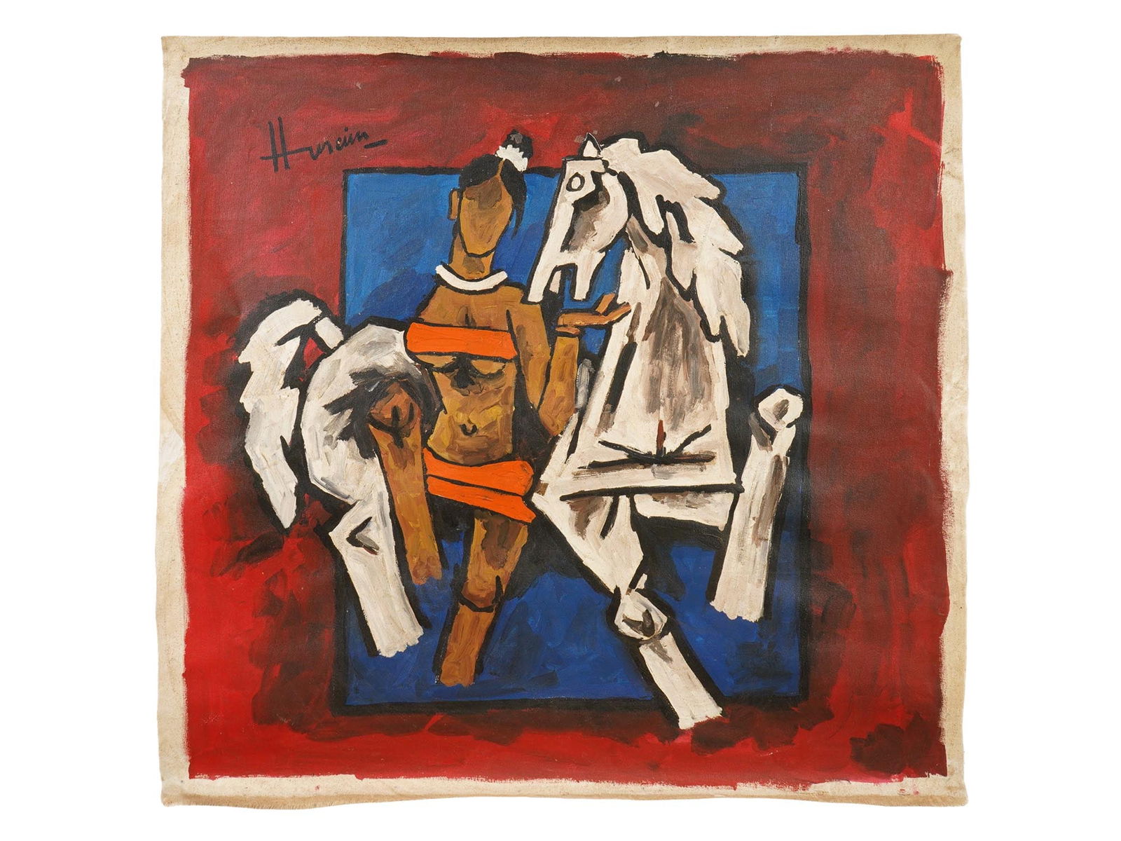 INDIAN ACRYLIC PAINTING SIGNED MAQBOOL F HUSAIN W COA: An acrylic painting on canvas depicting a portrait of a woman and a horse. Signed, Husain, upper left. The artwork comes with a certificate of authenticity, signed. Maqbool Fida Husain, Indian, Englis