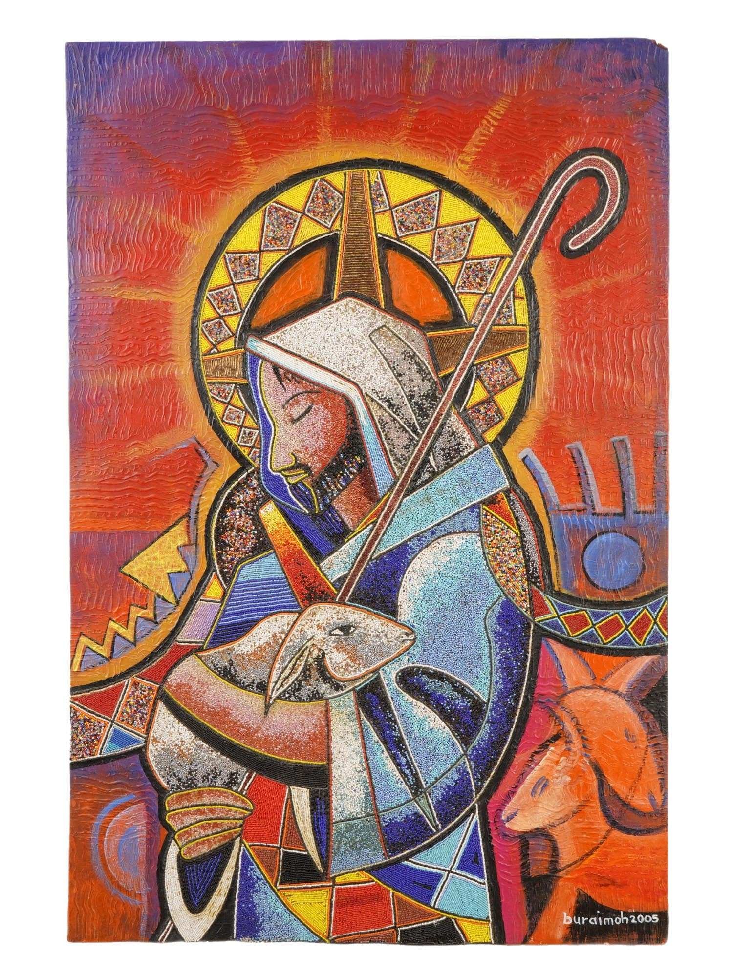 JIMOH BURAIMOH ACRYLIC AND BEADS PAINTING W COA: Jimoh Buraimoh, Nigerian, born in 1943, acrylic with beads painting on board. Signed lower right, dated 2005. Depicting a religious scene with lambs. Comes with a certificate of authenticity. Jimoh Bu