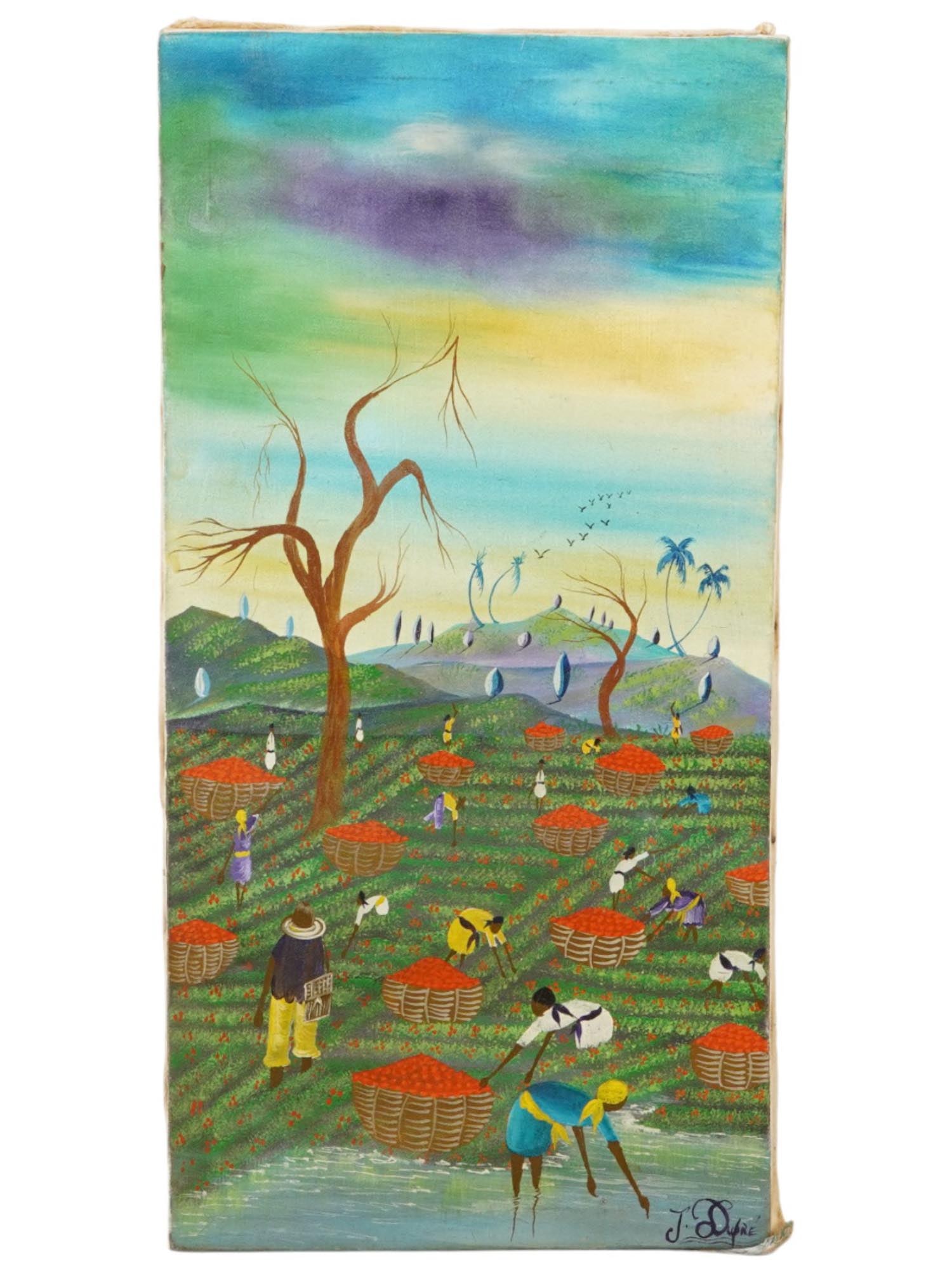 HAITIAN FOLK ART OIL PAINTING SIGNED J. DUFAS HARVEST: A Haitian folk art oil painting on canvas signed J. Dufas, depicting a harvest scene with figures working in a field, gathering tomatoes, inscribed on verso. Mid Century Paintings And Art Collectibles