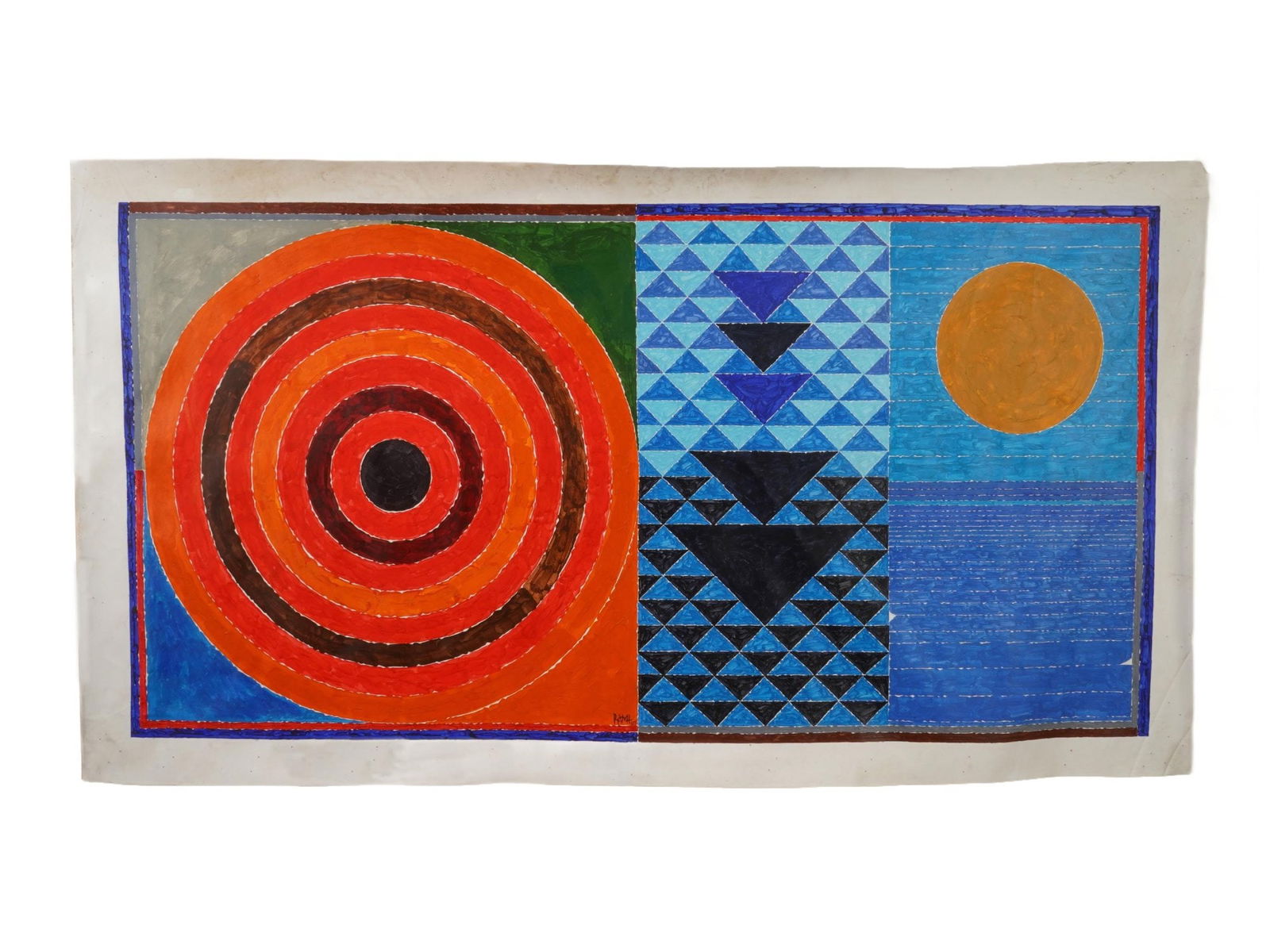 SIGNED SH RAZA INDIAN ABSTRACT PAINTING WITH COA: Acrylic on canvas painting, signed Sayed Haider Raza, or S.H. Raza, Indian, 1922 to 2016. The artwork depicts an abstract ornamental composition. Horizontal rectangular format. Signed and dated 2001 i