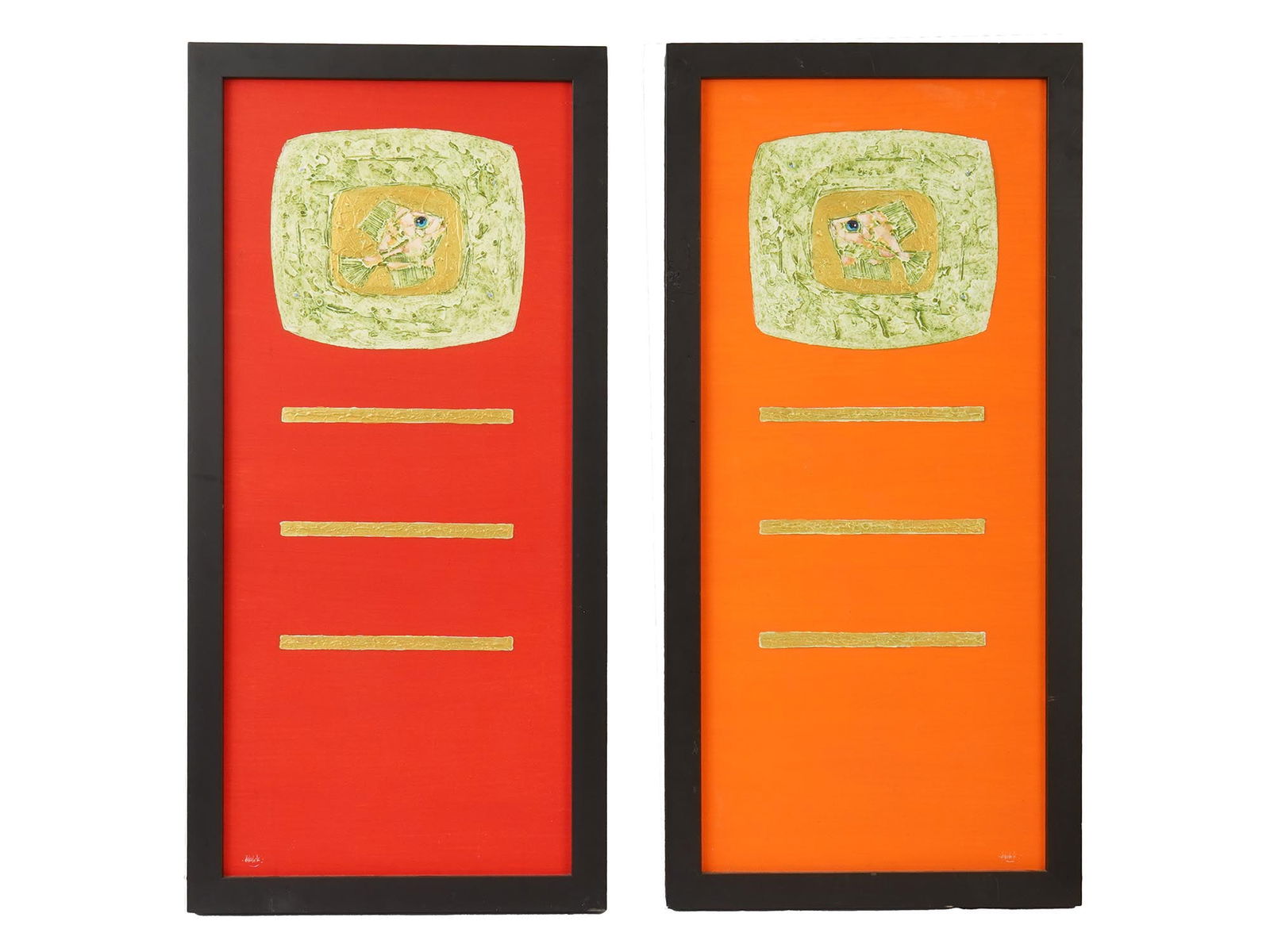 DUKUH INDONESIAN DECORATIVE MIXED MEDIA PAINTINGS: Dukuh, Indonesian, 21st century, a pair of matching mixed media paintings on canvas. Decorative compositions with golden fish against red and orange background. Signed Dukuh.K in the lower corners. Fr