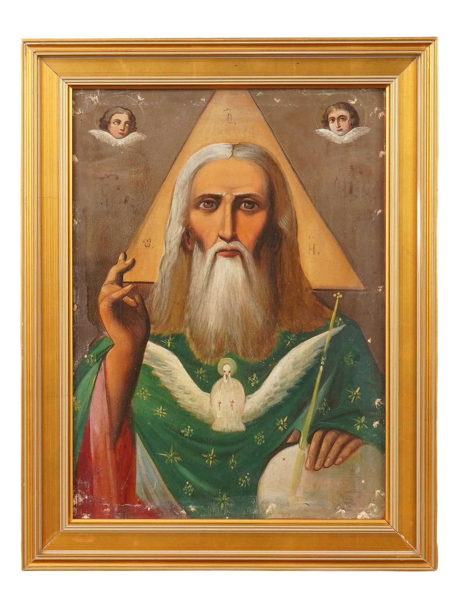 ANTIQUE 19TH C RUSSIAN ICON OF GOD THE FATHER: An antique 19th-century Russian Orthodox icon representing God the Father, related to as Savaof or Sabaoth. The Lord is depicted with a triangular halo, an orb and a scepter in his hands, a dove repre
