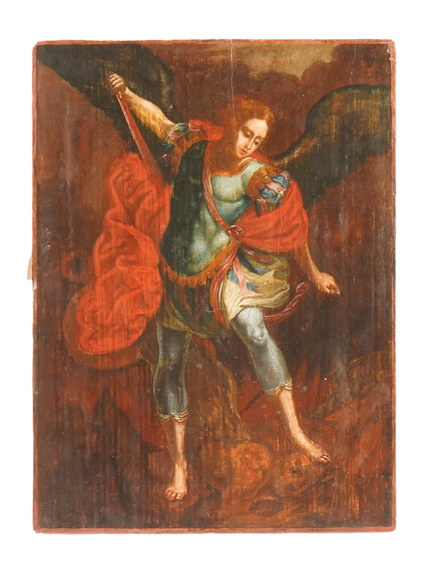 RARE ANTIQUE RUSSIAN ICON OF SAINT ARCHANGEL MICHAEL: A rare antique 19th century Russian Orthodox icon of Saint Michael the Archangel . Mixed media painting: egg tempera, gesso, and levkas on a wood board. It is believed that it is the Archangel Michael