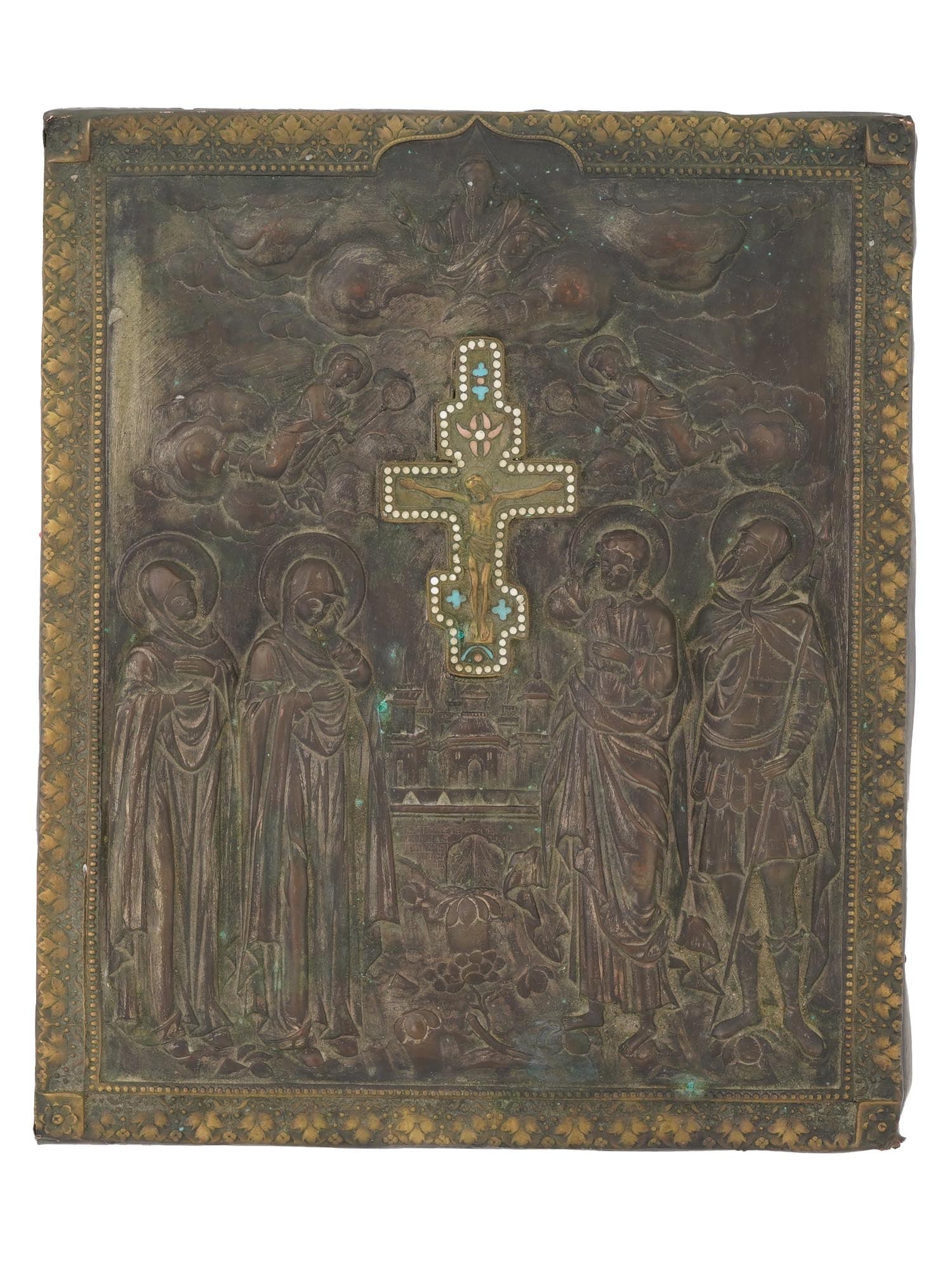 ANTIQUE RUSSIAN ICON CRUCIFIXION OF JESUS WITH ENAMEL: An antique 19th-century Russian Orthodox icon representing the Crucifixion of Jesus Christ with saints, angels, and God Father. Made of metal with elaborate repousse work and engraving. The crucifix i