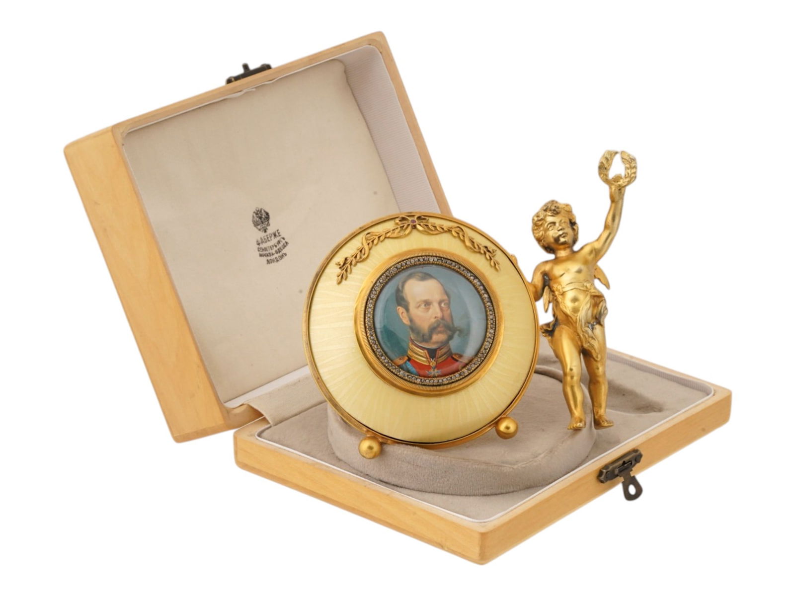 RUSSIAN DIAMONDS SILVER MINI EMPEROR PORTRAIT FRAMED: A portrait miniature painting of Emperor Alexander II. The round shaped gilt silver frame is encrusted with Diamonds, decorated with guilloche enamel and an overlay design representing a foliage