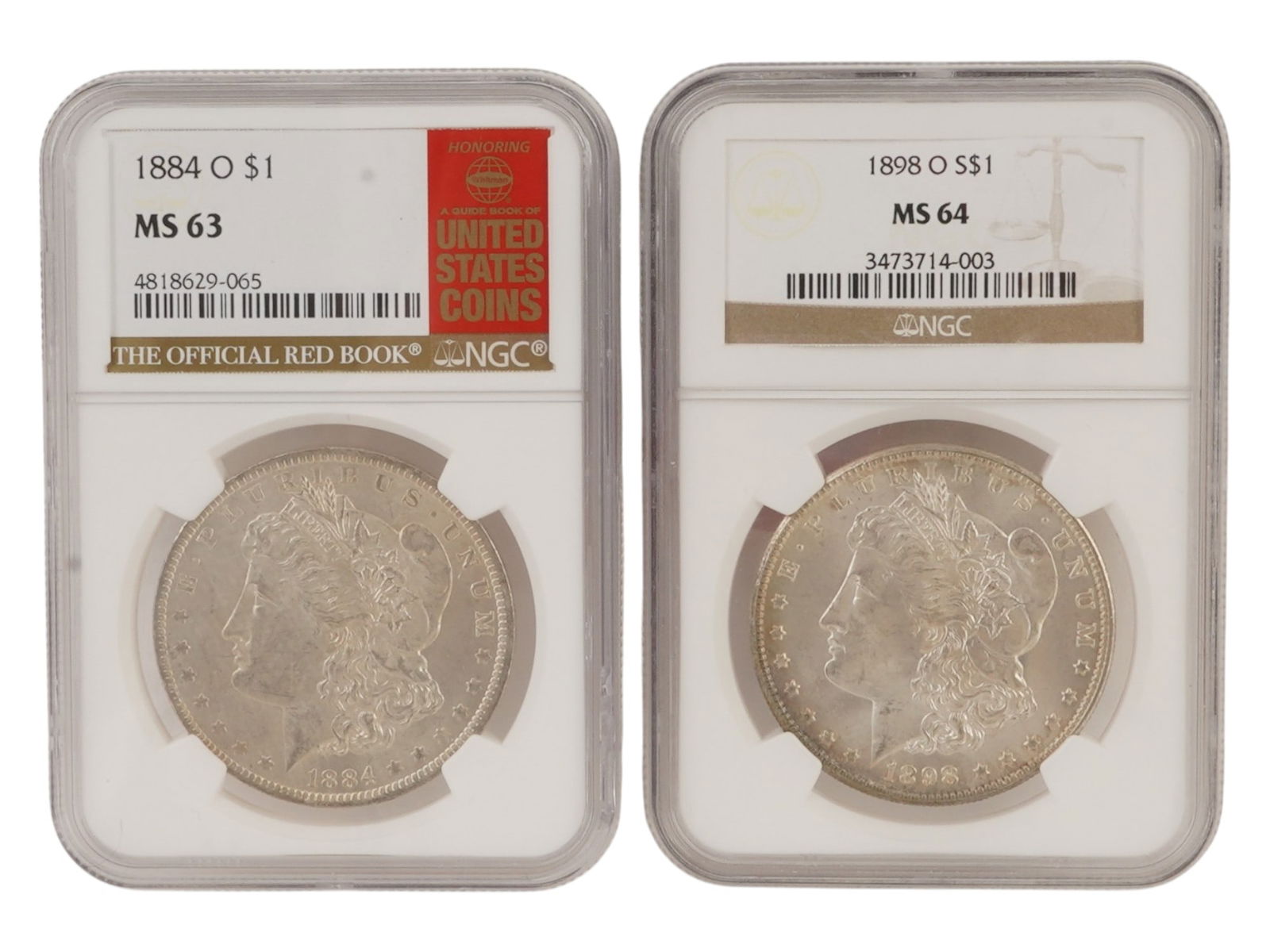 TWO ANTIQUE AMERICAN GRADED MORGAN SILVER DOLLAR COINS (1 of 4)