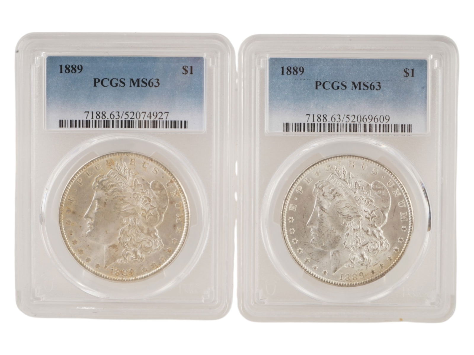 TWO ANTIQUE AMERICAN GRADED MORGAN SILVER DOLLAR COINS (1 of 4)