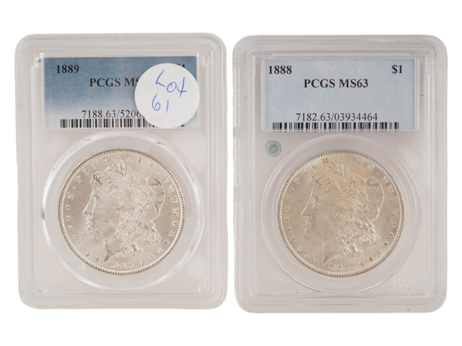 LOT OF TWO ANTIQUE AMERICAN GRADED MORGAN SILVER DOLLAR COINS (1 of 4)