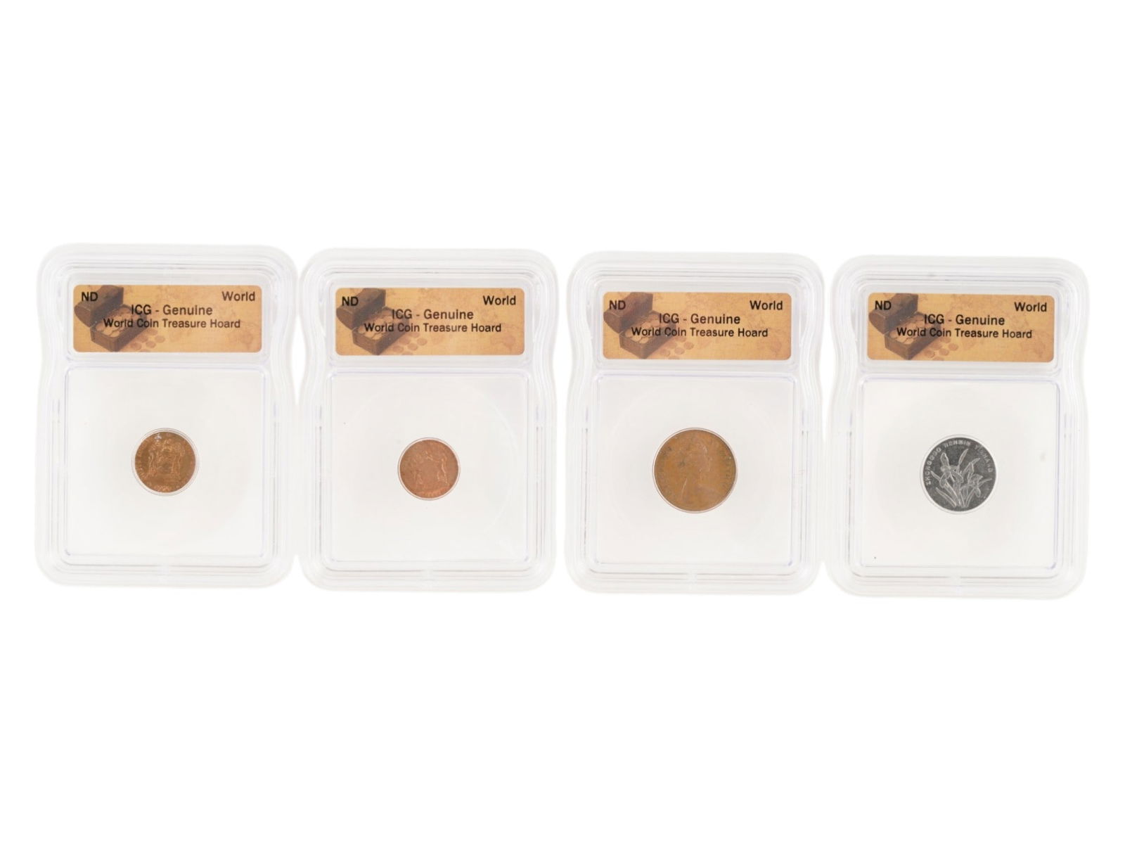 LOT OF GENUINE WORLD COIN TREASURE HOARD BY ICG: A collection of four coins in protective holders slabs from ICG Independent Coin Graders. All are from the World Coin Treasure Hoard series and are marked Genuine. The collection includes a Chinese