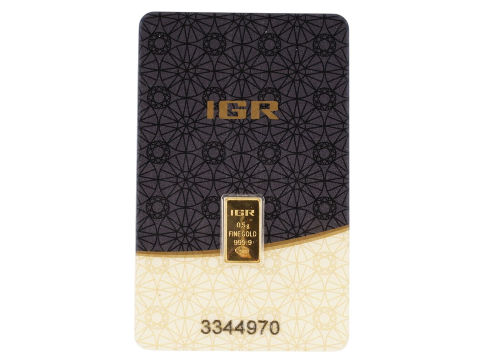 TURKISH IGR GOLD BAR IN ORIGINAL ASSAY CARD: A Turkish IGR 0.5 gram Gold Bar in its original assay card. Manufacturer: Istanbul Gold Refinery. 9999 Fine Gold. Serial Number: 3344970. The assay card acts as a certificate of authenticity,