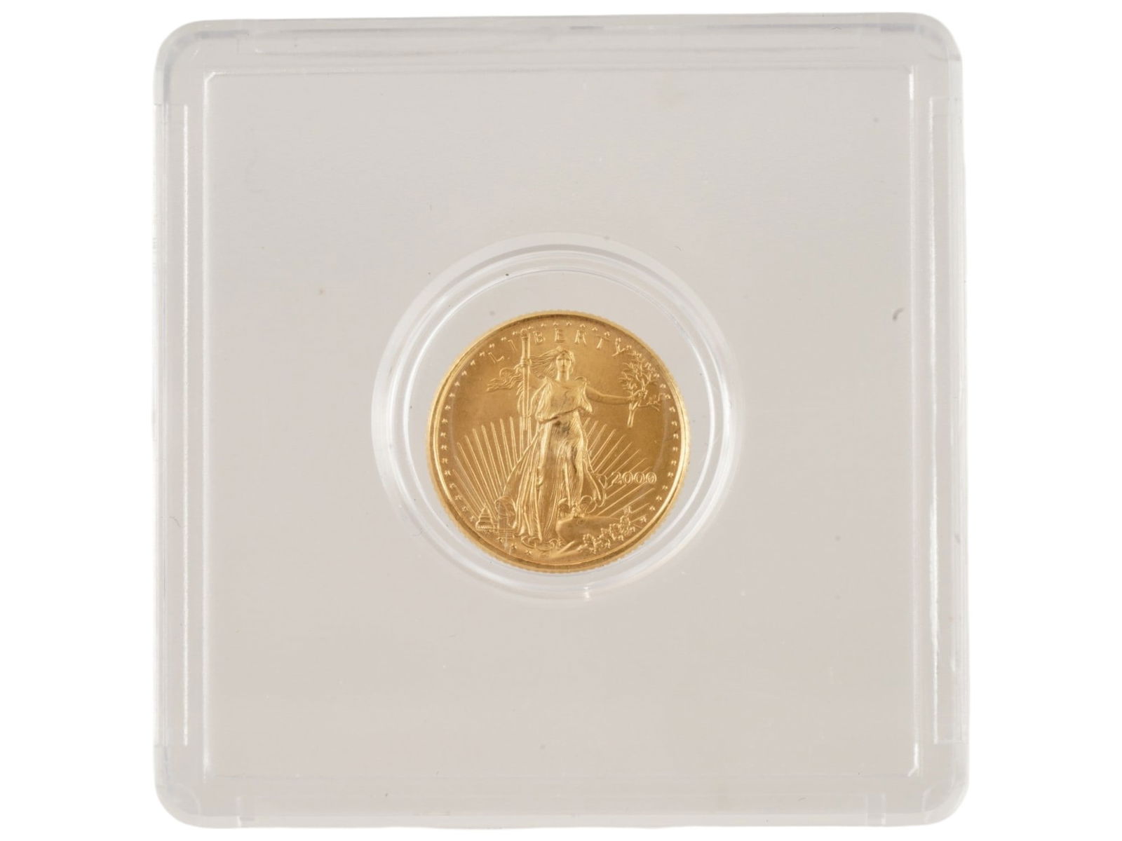 2000 AMERICAN GOLD EAGLE BULLION 5 DOLLAR COIN: A 2000 American Gold Eagle bullion 5 dollar coin. The iconic image of Lady Liberty was originally created by Augustus Saint-Gaudens in 1907. She is shown holding a torch in her right hand and an olive