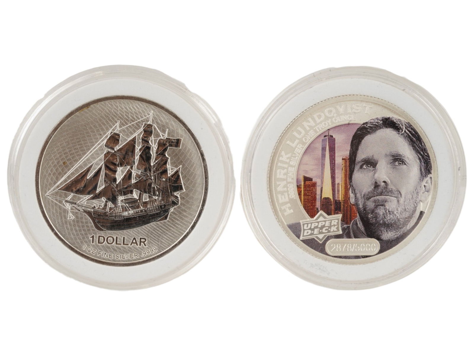 TWO VINTAGE COOK ISLANDS 1 OZ .999 FINE SILVER ROUNDS: Two vintage 1 oz .999 fine silver rounds issued for the Cook Islands, totaling 2 troy ounces of pure silver. One is a colorized limited-edition round by Upper Deck featuring hockey legend Henrik