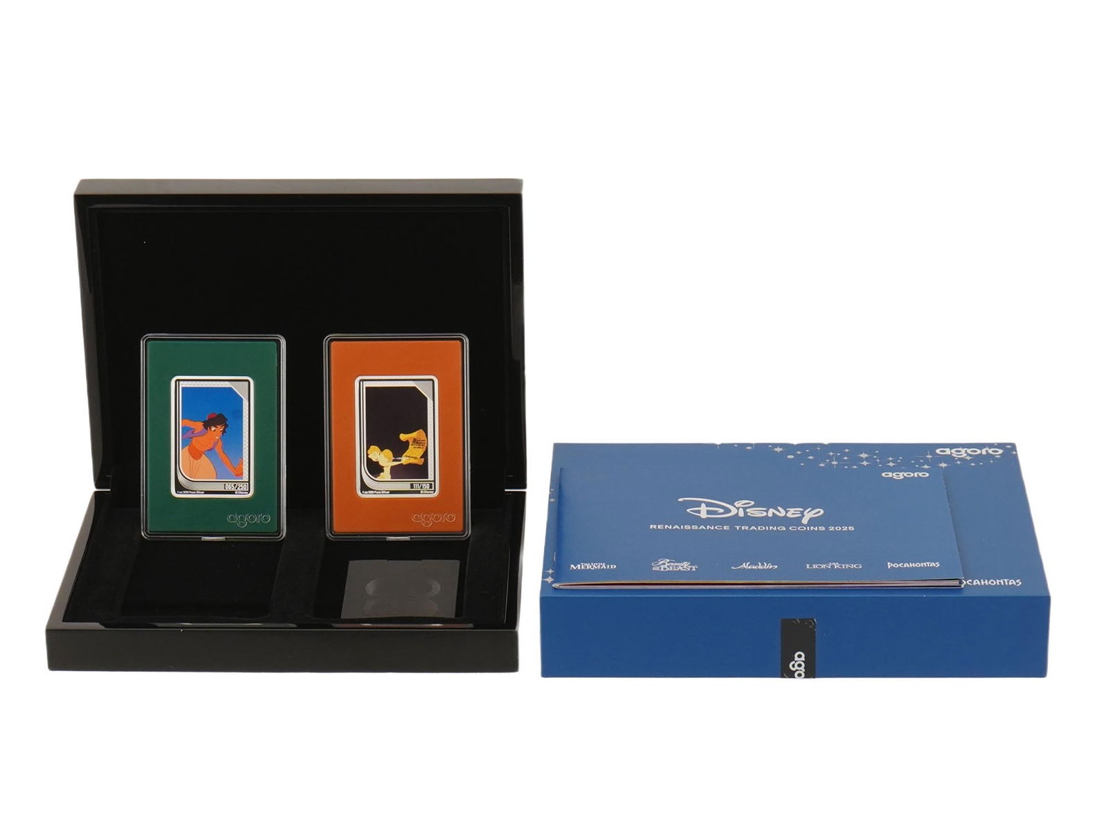 SET OF AGORO DISNEY RENAISSANCE SILVER COINS IOB: A set of Disney Renaissance collectible trade coins from Agoro, a division of New Zealand Mint, released in 2025. The collection includes a mystery box format, a box containing two random coins. The s