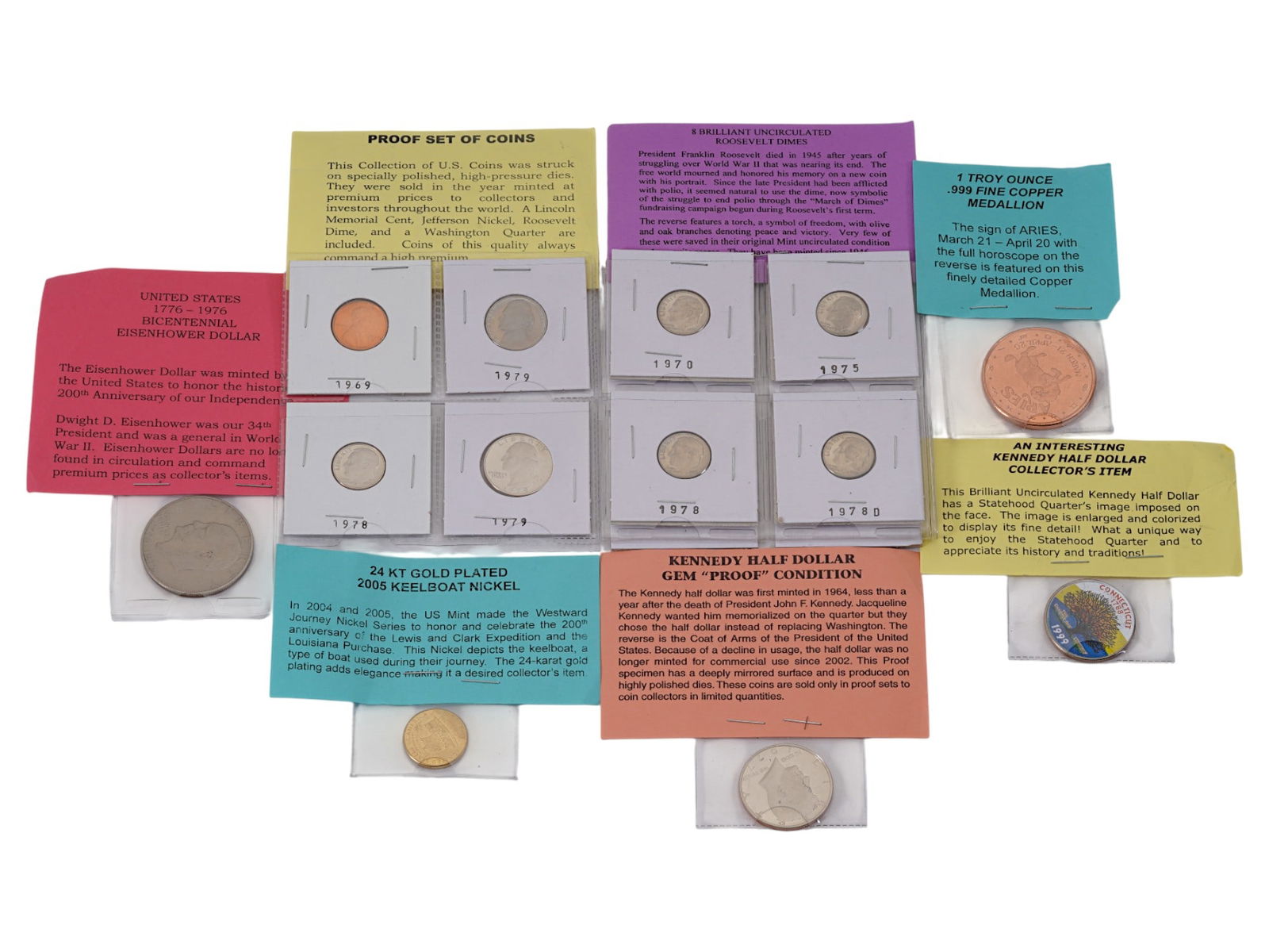 LOT OF US MINT COLLECTIBLE COINS: A lot of 13 US Mint coins, including Bicentennial Eisenhower Dollar, 24K Gold Plated 2005 Keelboat Nickel, Kennedy Half Dollar, Roosevelt Dimes, a fine copper Aries medallion, and a 1970s proof set. C