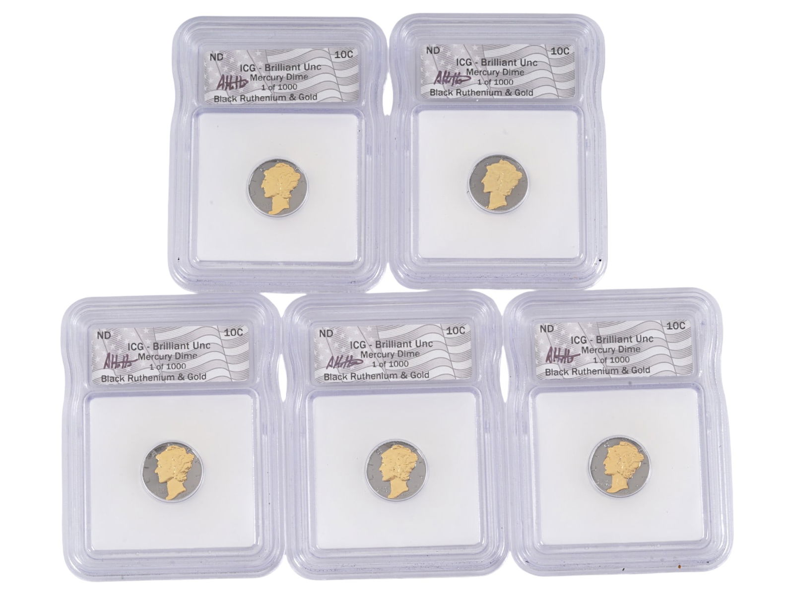 BLACK RUTHENIUM AND GOLD MERCURY DIMES BU CERTIFIED: A set of five custom-finished Mercury Dimes, the classic Winged Liberty Head design by Adolph A. Weinman, originally struck by the U.S. Mint from 1916 to 1945 in 90% silver. Each coin has been private