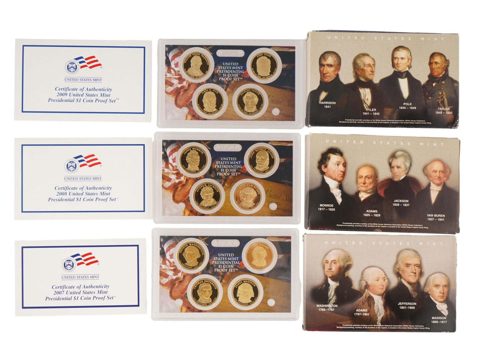 2007 TO 2009 US PRESIDENTIAL 1 DOLLAR COIN PROOF SETS: A collection of three 2007, 2008, and 2009 US Presidential 1-dollar coin proof sets. Issued by the United States Mint. Each set features four 1-dollar coins depicting US presidents in chronological or