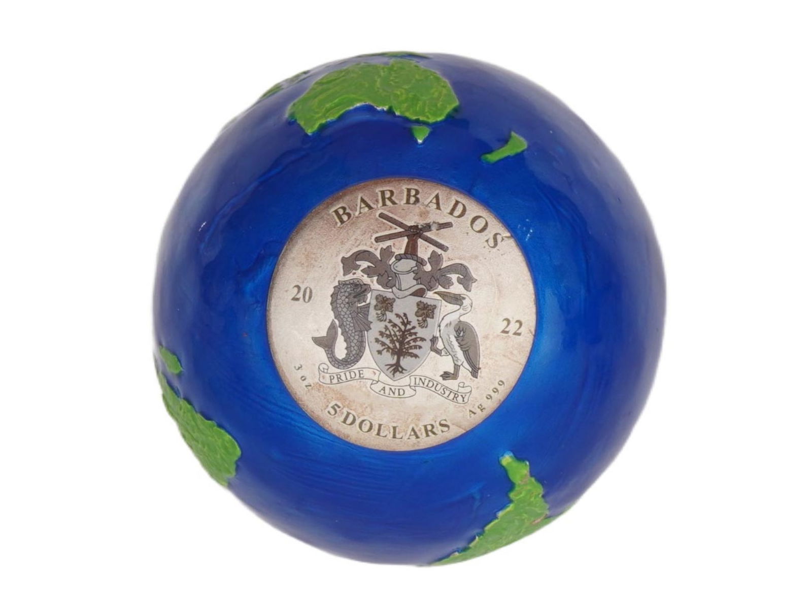 2022 BARBADOS BLUE MARBLE GREEN PLANET EARTH SILVER COIN: A 2022 Barbados Blue Marble: Green Planet Earth spherical silver coin with a face value of 5 Barbados dollars. It is part of the popular Blue Marble series. The coin has a unique spherical shape. The