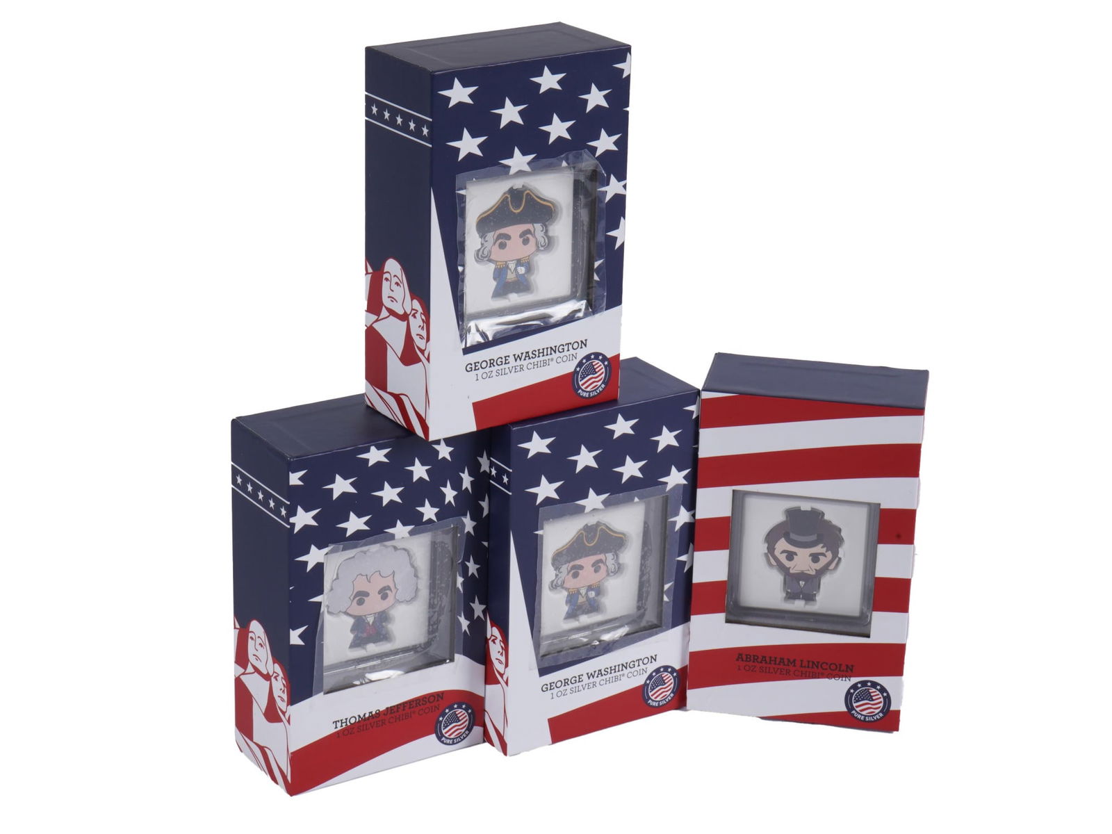 NIUE MOUNT RUSHMORE 999 SILVER 1 OZ CHIBI COINS: A lot of four Niue Mount Rushmore 999 silver 1 oz Chibi coins featuring images of US presidents. The coins depict Thomas Jefferson, 2 George Washingtons, and Abraham Lincoln. The coins were issued in