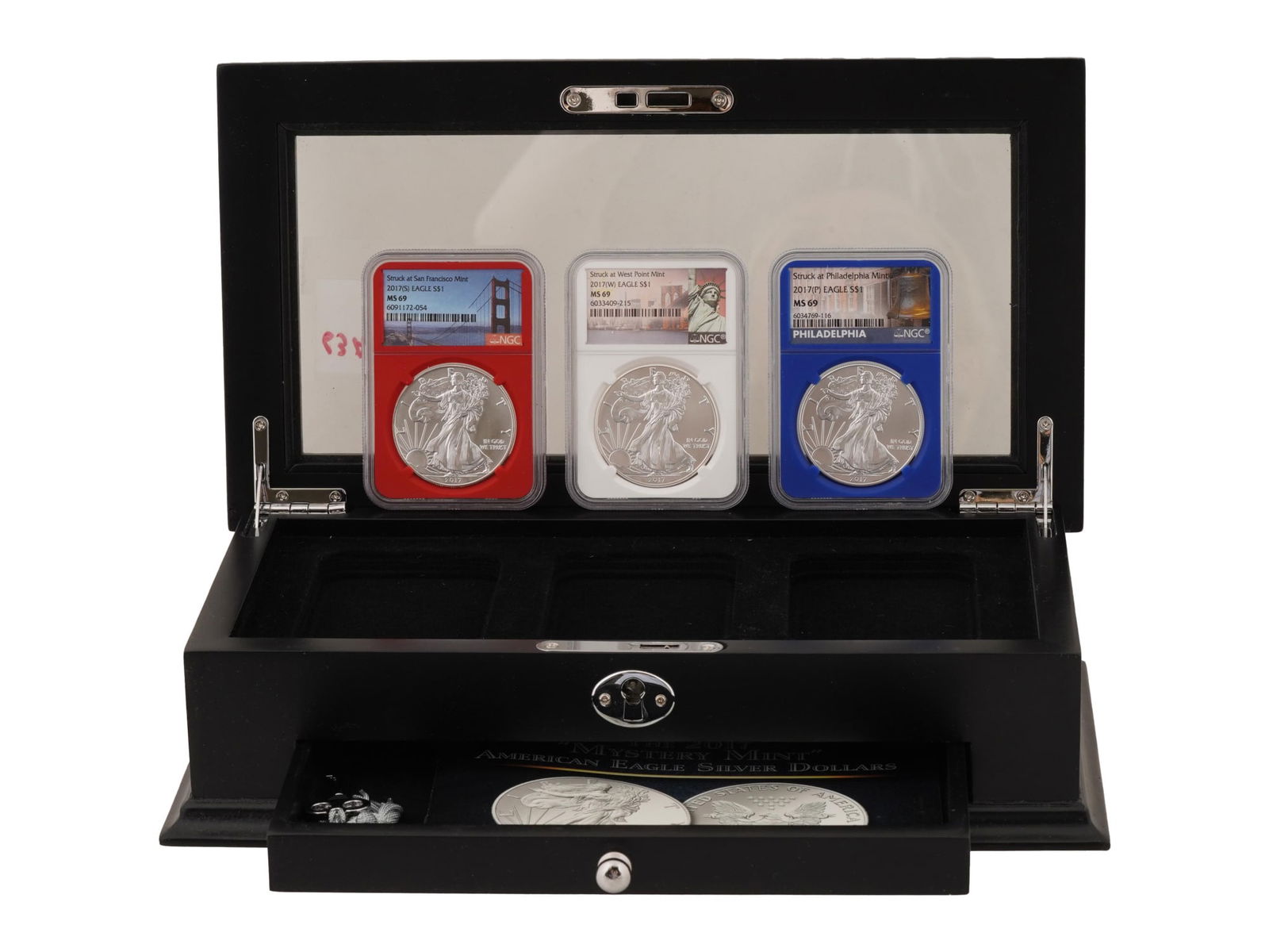GRADED NGC 2017 AMERICAN SILVER EAGLE COIN SET: A 2017 American Silver 1 Dollar Eagle set of three coins. Graded by NGC MS 69. Presented in red, white and blue holders. Marked, Struck at San Francisco Mint; Struck at West Point Mint; and Struck at