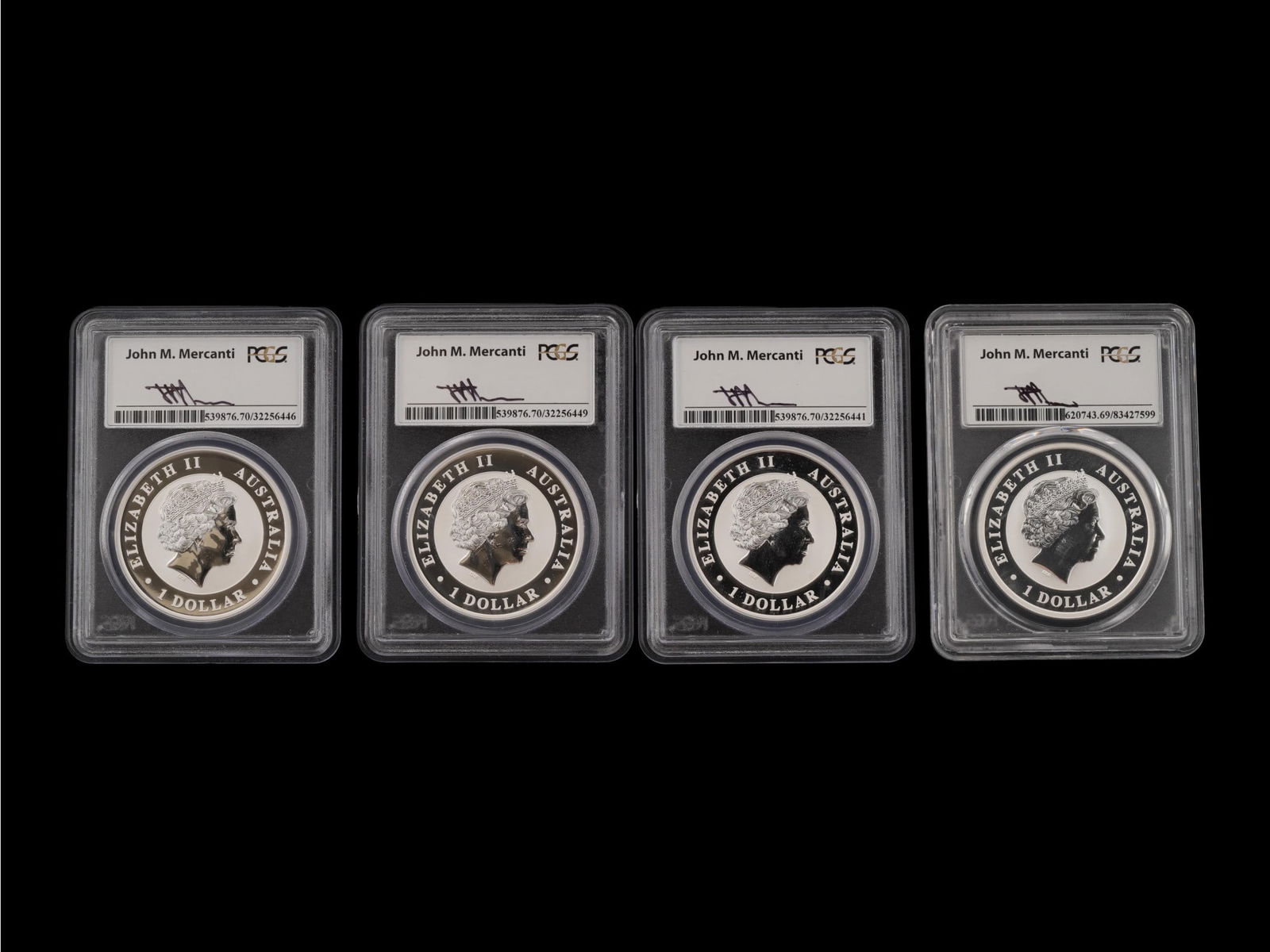 AUSTRALIAN WEDGE TAILED EAGLE GRADED SILVER COINS: A group of four Australian Wedge-Tailed Eagle silver bullion coins issued by the Perth Mint and professionally graded by the Professional Coin Grading Service. Included is 2015-P Wedge-Tailed Eagle co