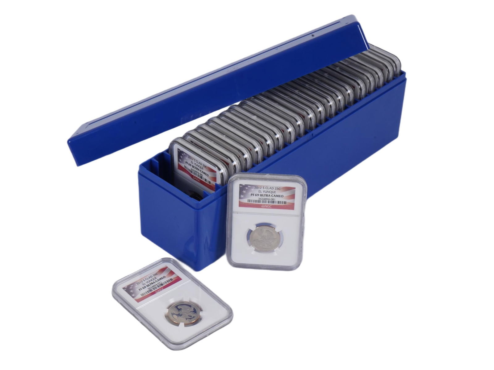 SET OF NGS PF 69 ULTRA CAMEO GRADED COINS IN BOX: A set of graded coins housed in protective cases marked NGC. The coins are housed in sealed plastic cases. 2012 S Clad 25C Denali PF 69 Ultra Cameo. Ultra Cameo category and are graded PF 69, a high g