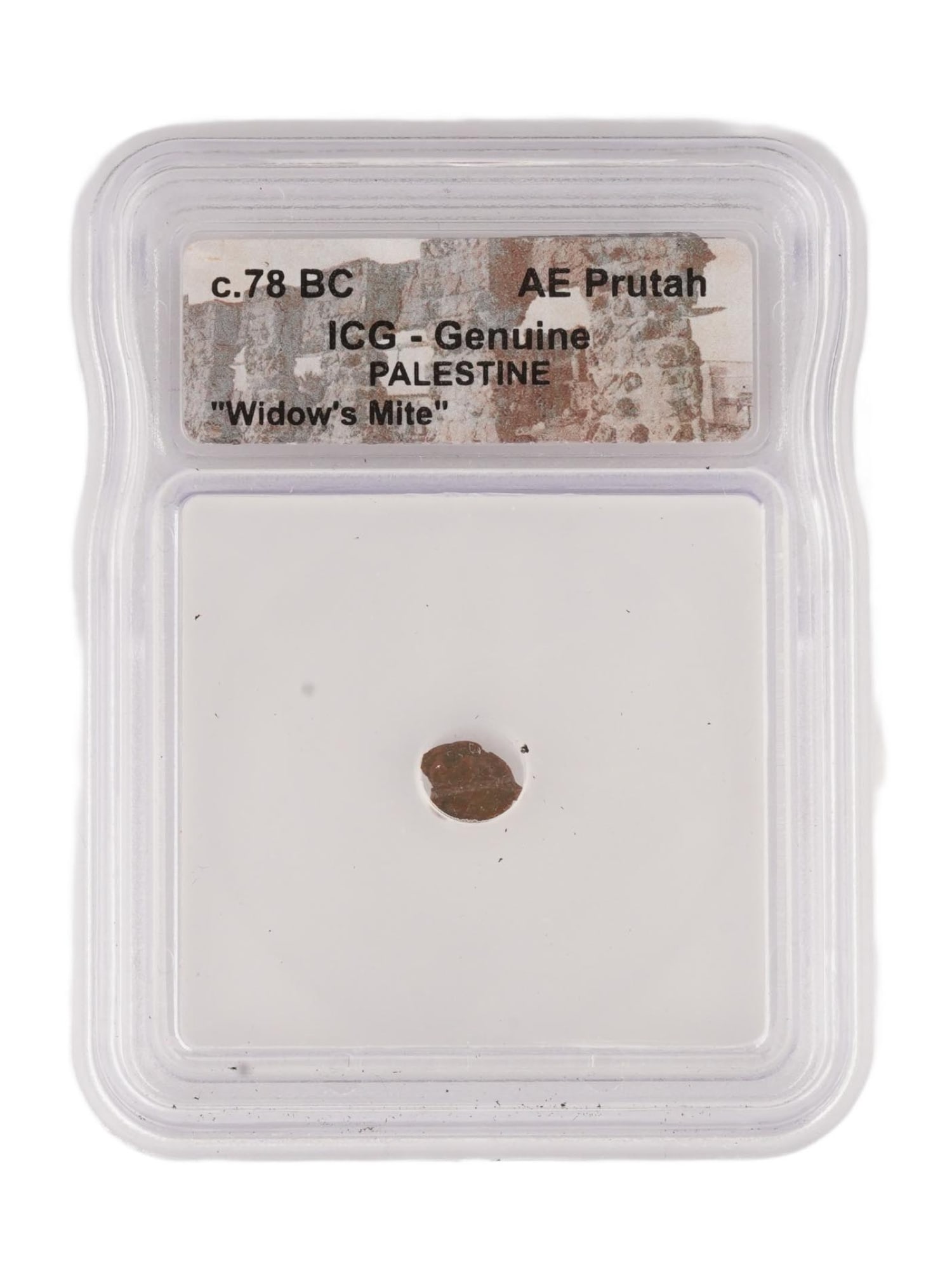 ICG GRADED ANCIENT WIDOWS MITE AE PRUTAH PALESTINE COIN: An ICG graded ancient Palestine Widows Mite bronze coin c. 78 BC, a historical and collectible piece that originates from the Ancient Roman Imperial period. The coin, also known as an AE Prutah, holds