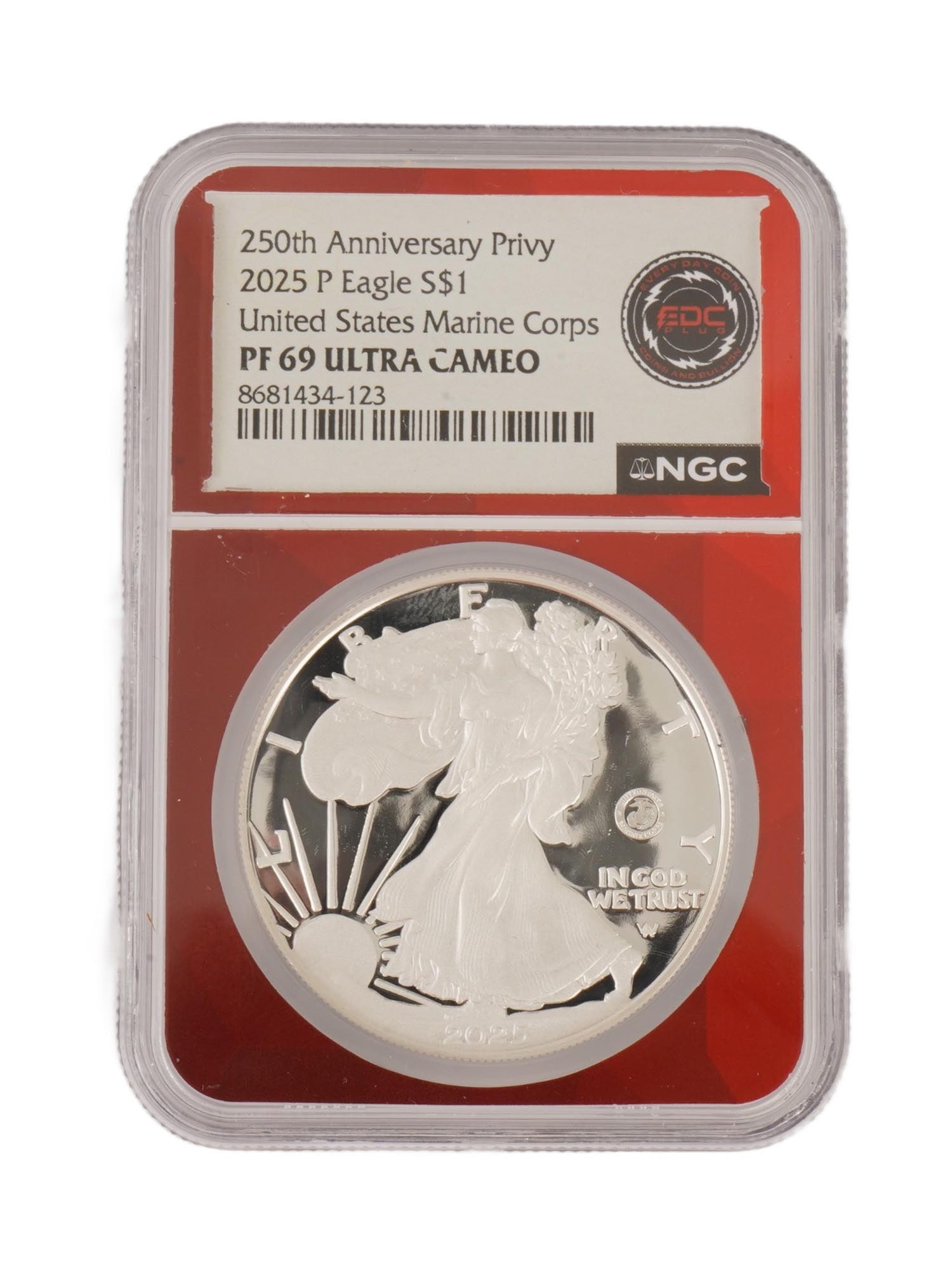 2025 P AMERICAN SILVER EAGLE PROOF COIN MARINE CORPS: A 2025-P American Silver Eagle proof coin struck at the Philadelphia Mint, featuring a special U.S. Marine Corps 250th Anniversary privy mark. Composed of 1 troy ounce of .999 fine silver, this coin h