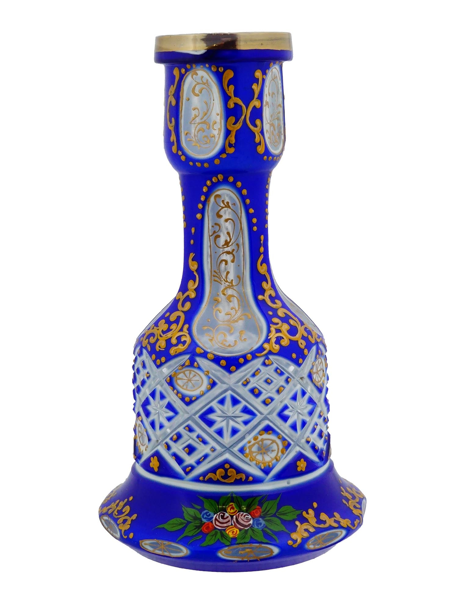 ANTIQUE BOHEMIAN GLASS HOOKAH BASE WITH A WHITE OVERLAY: An antique Bohemian glass hookah base. Crafted from cobalt blue glass with a white overlay, the surface is cut to create decorative windows revealing the rich blue glass beneath. The vessel is embelli