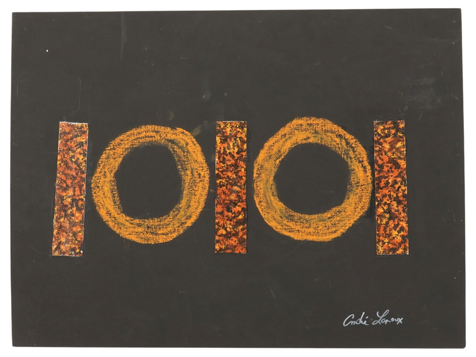 SIGNED LAROUX VINTAGE MIXED MEDIA COLLAGE: A vintage mixed media collage on canvas over board. Signed, presumably, Andi Laroux lower right. The collage artwork is an abstract composition of orange geometric shapes on a black background. Antiqu