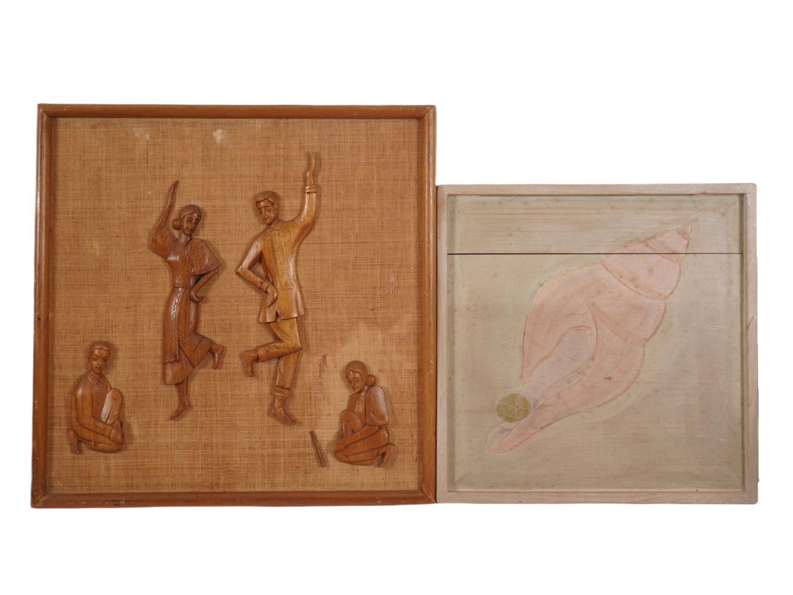 LOT OF HAND CARVED PAINTED WOODEN PLAQUES ARTWORKS: A lot of two decorative wall panels. The first: a carved wooden panel is set in a rattan or other wicker frame. It depicts four figures in motion, likely dancing or playing, reminiscent of genre art.