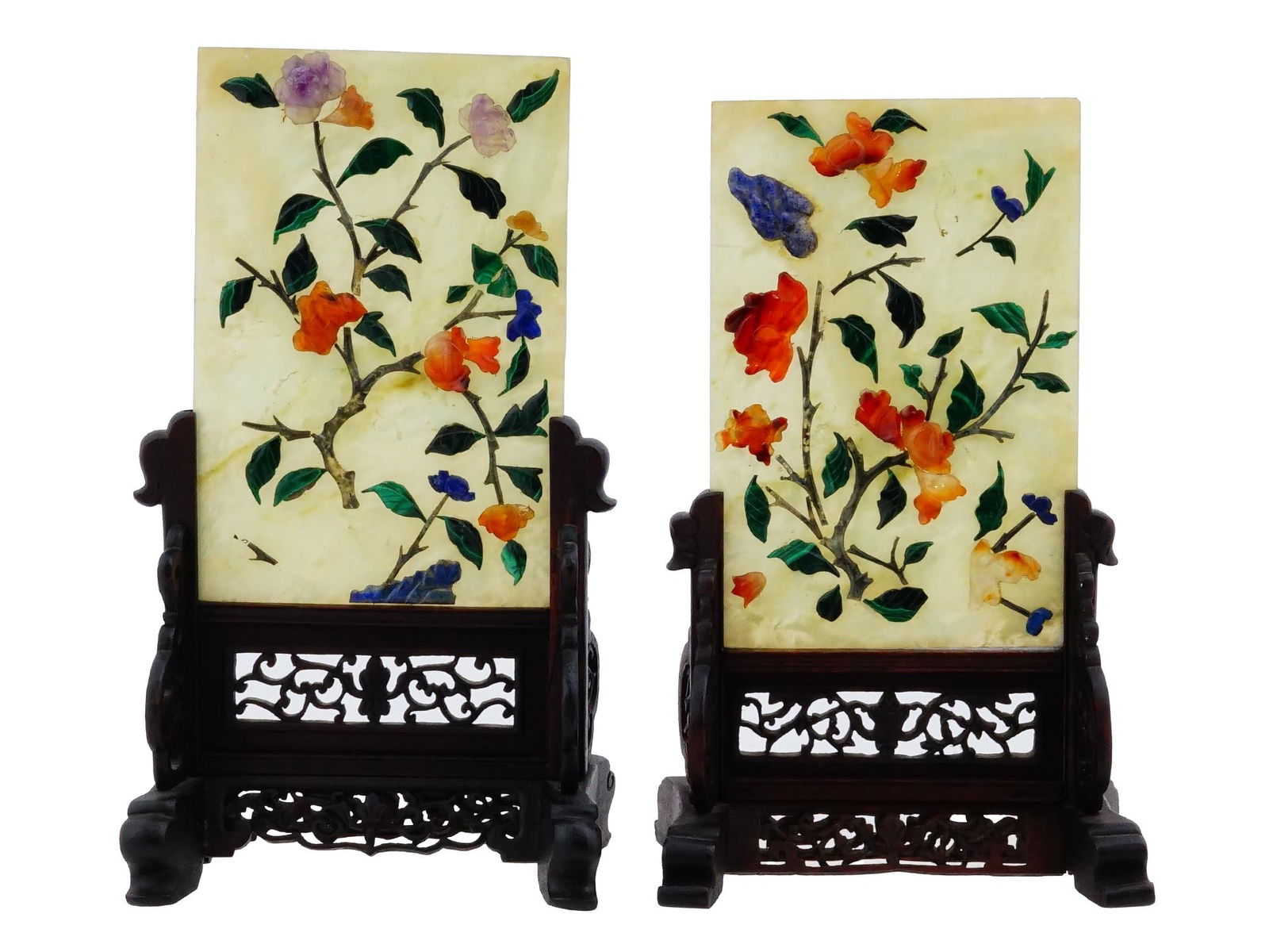 CHINESE JADE AND STONE FLORAL TABLE SCREENS W WOOD STAND (1 of 9)
