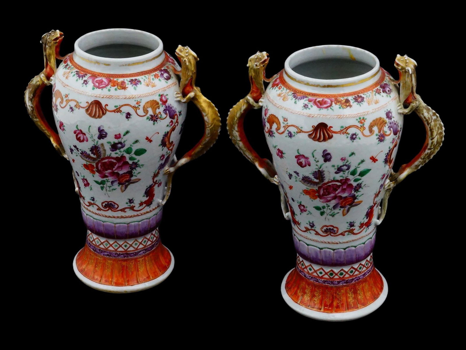PAIR OF ANTIQUE CHINESE PORCELAIN FAMILLE ROSE MANDARIN VASES (1 of 9)