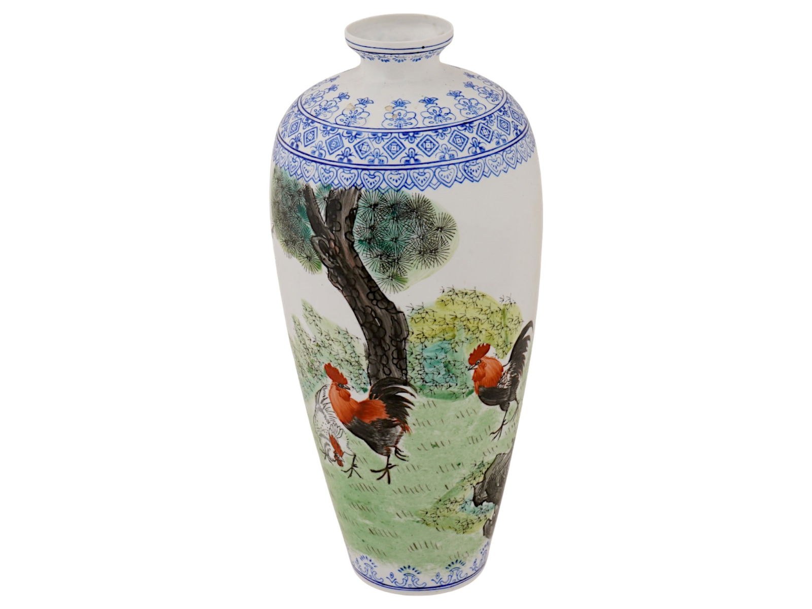 ANTIQUE CHINESE FAMILLE ROSE WHITE PORCELAIN VASE: An antique Chinese Famille Rose white porcelain vase with a flared mouth. The vase is decorated with a painting depicting a genre scene with roosters and a hen against a landscape background. It is